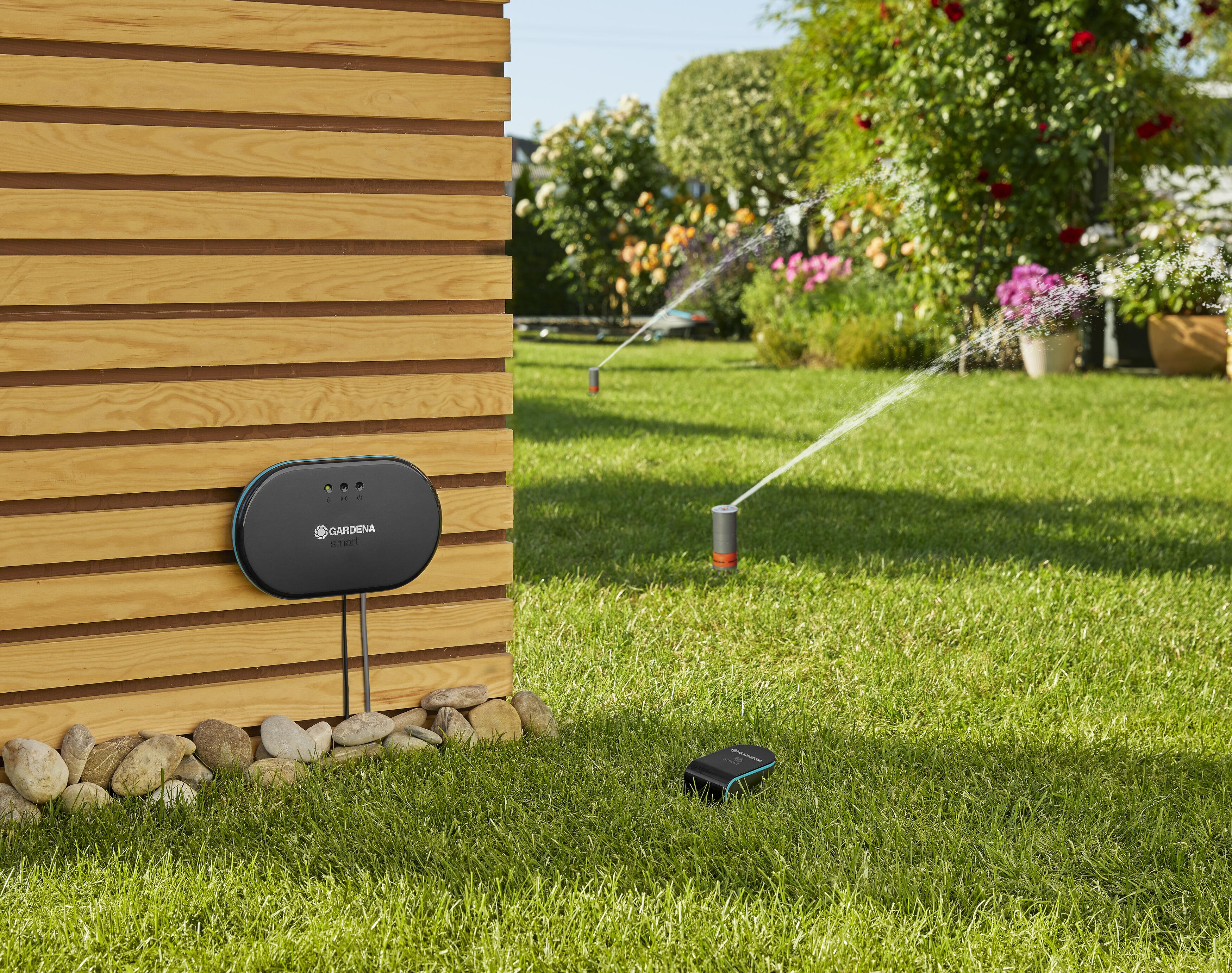 Ein Garten mit einem Sprinklersystem. Eine Steuereinheit befindet sich an der Wand. Zwei Sprinkler und ein Controller sind in Betrieb.