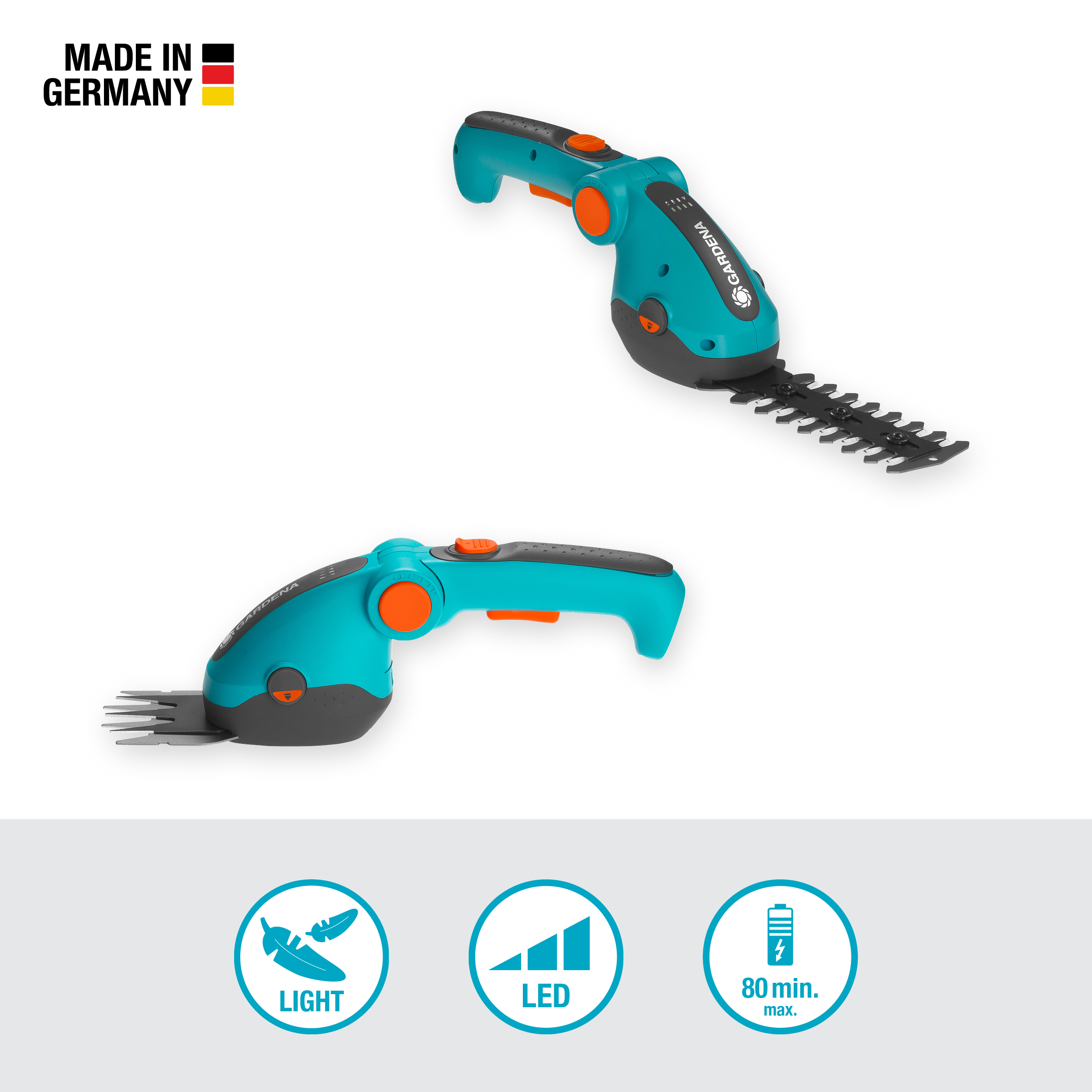 Zwei elektrische Trimmer, einer in Gebrauch und einer zerlegt, mit Text zu Licht, LED und Akkulaufzeit.
