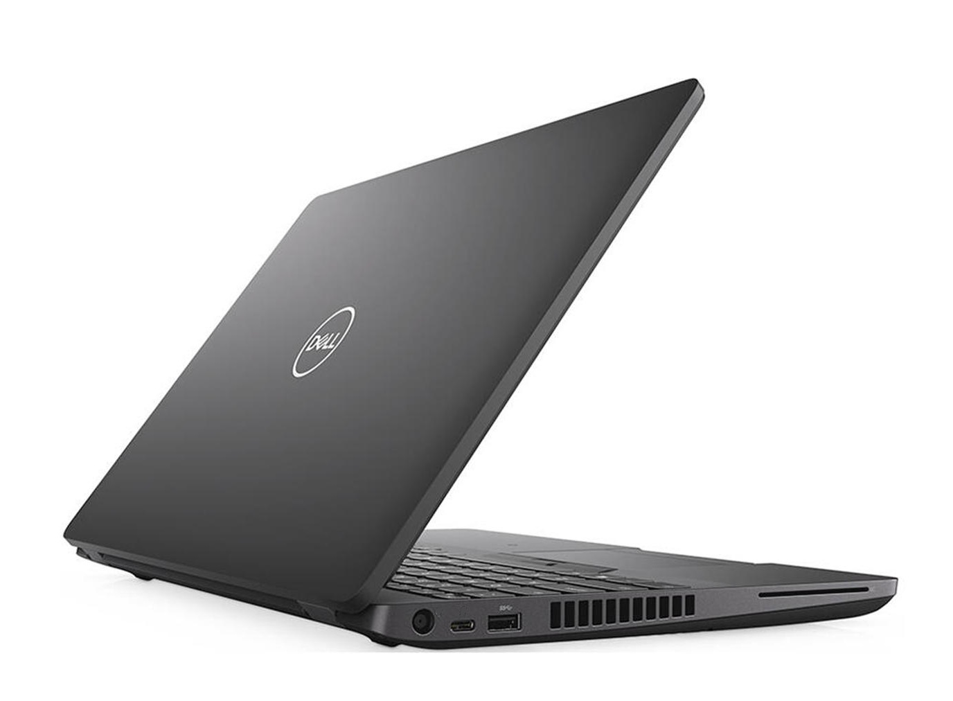 Schwarzer Laptop auf weißer Oberfläche, leicht geöffnet. Das Dell-Logo ist auf dem Deckel sichtbar.