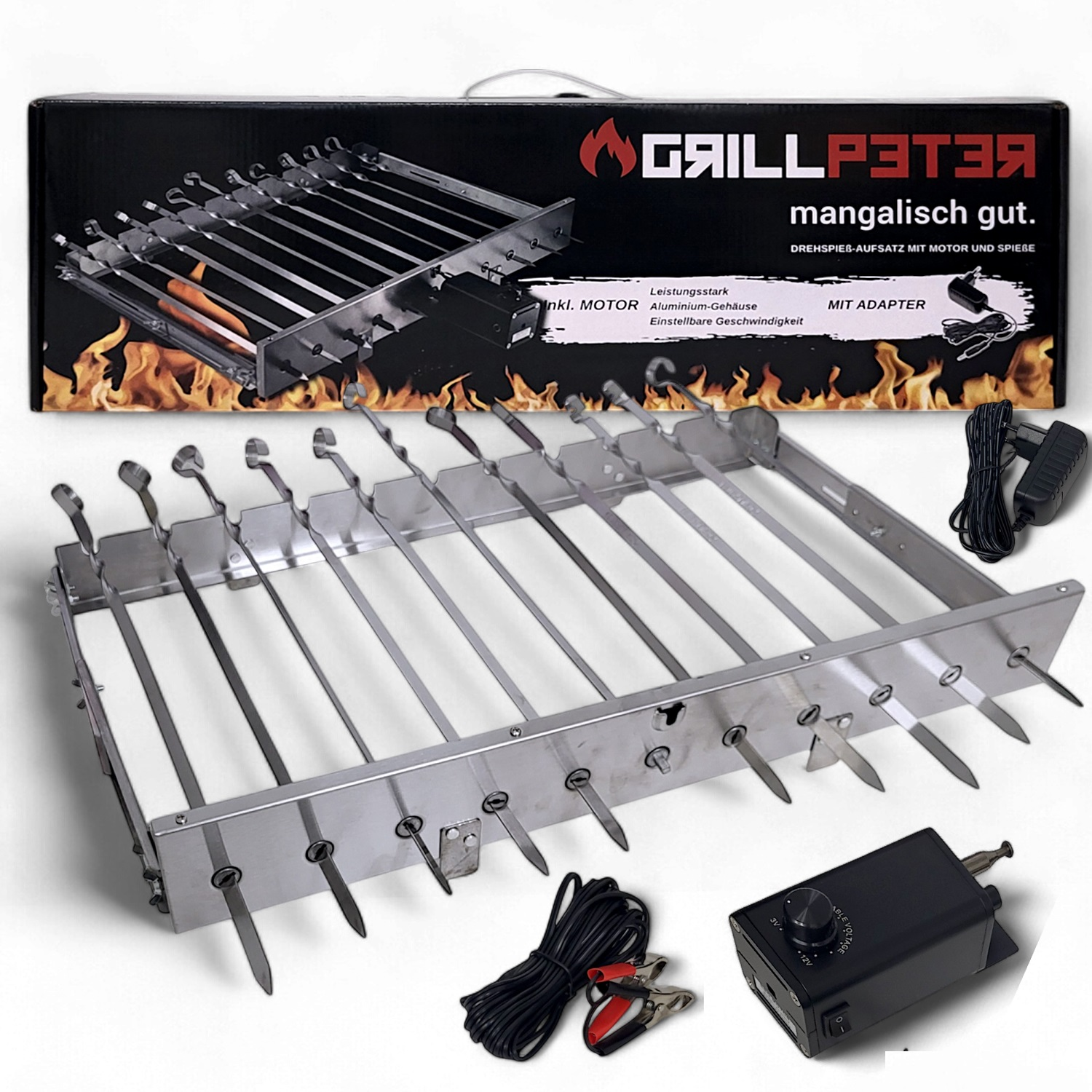 Ein Edelstahl-Grillgerät mit Spießen, Motor und Bedienfeld.