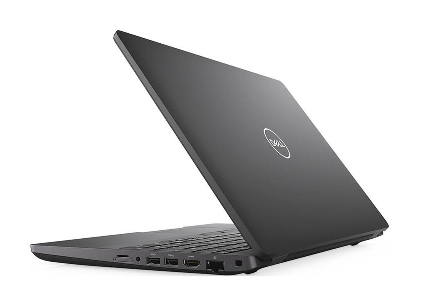 Ein schwarzer Dell-Laptop, leicht geöffnet, mit weißem Hintergrund. Das Dell-Logo ist sichtbar.
