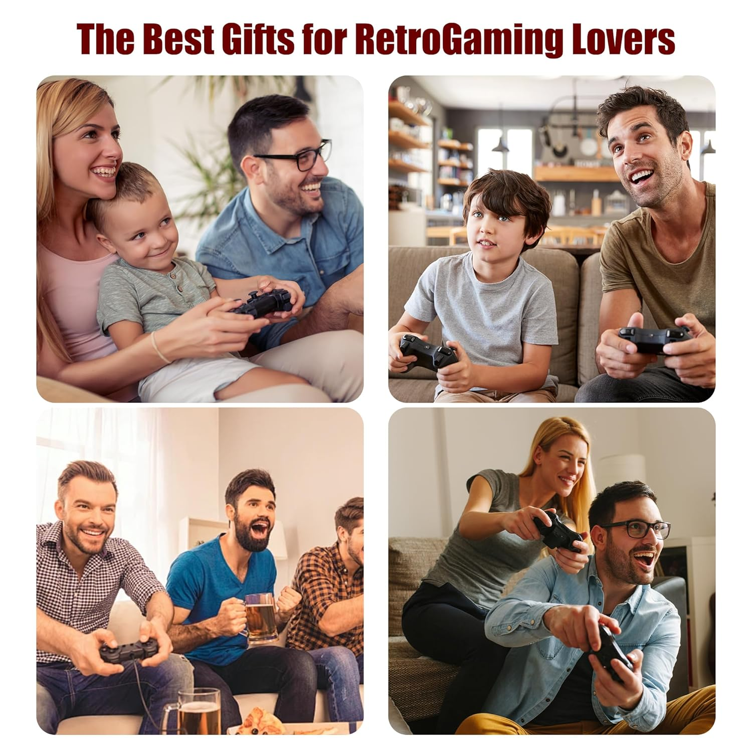Vier Bilder von Leuten, die Videospiele spielen, mit Controllern. Text-Overlay: Die besten Geschenke für RetroGaming-Liebhaber.