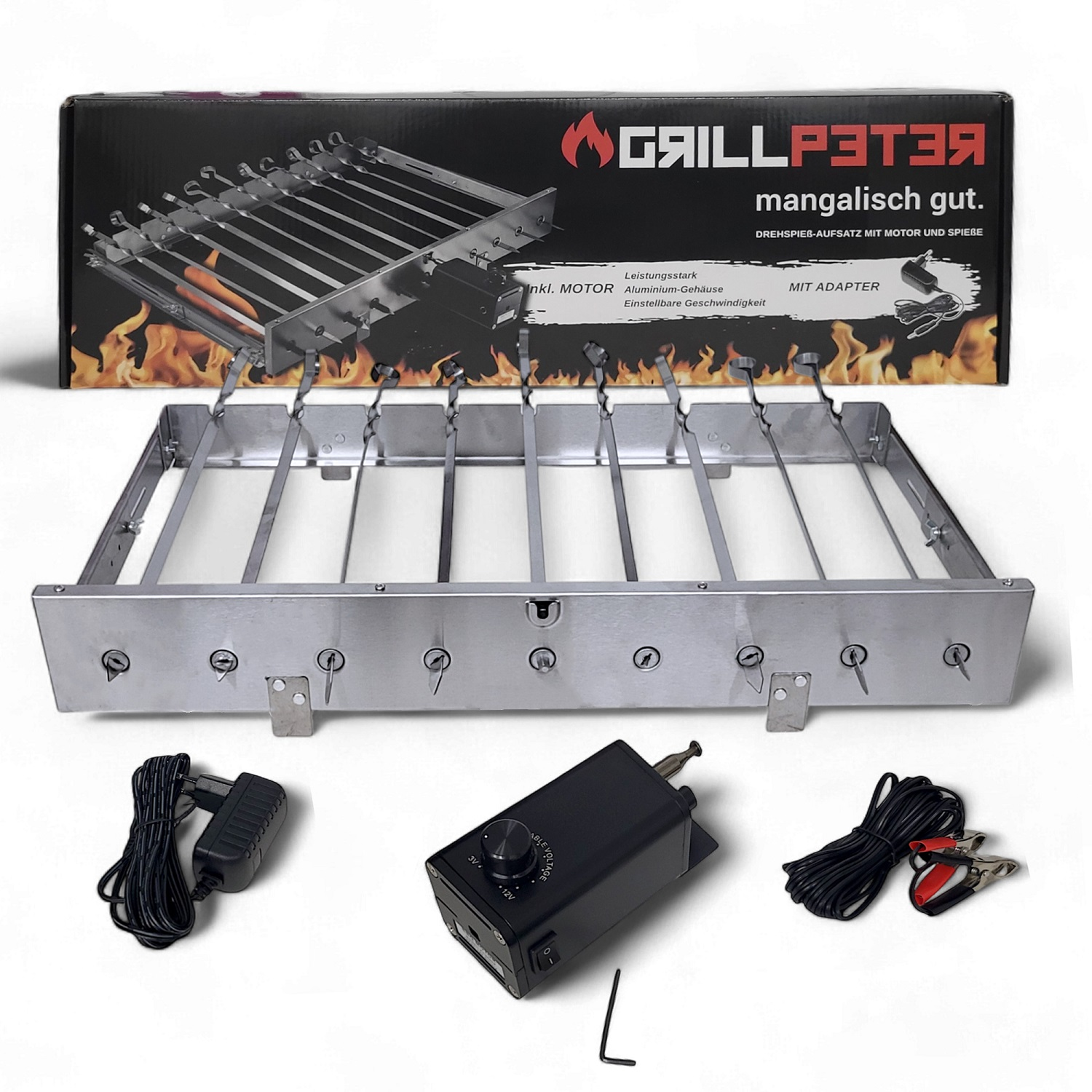 Barbecue-Grill-Set mit Spießen, Motor und Netzteil. Enthält eine schwarze Box und Zubehör.