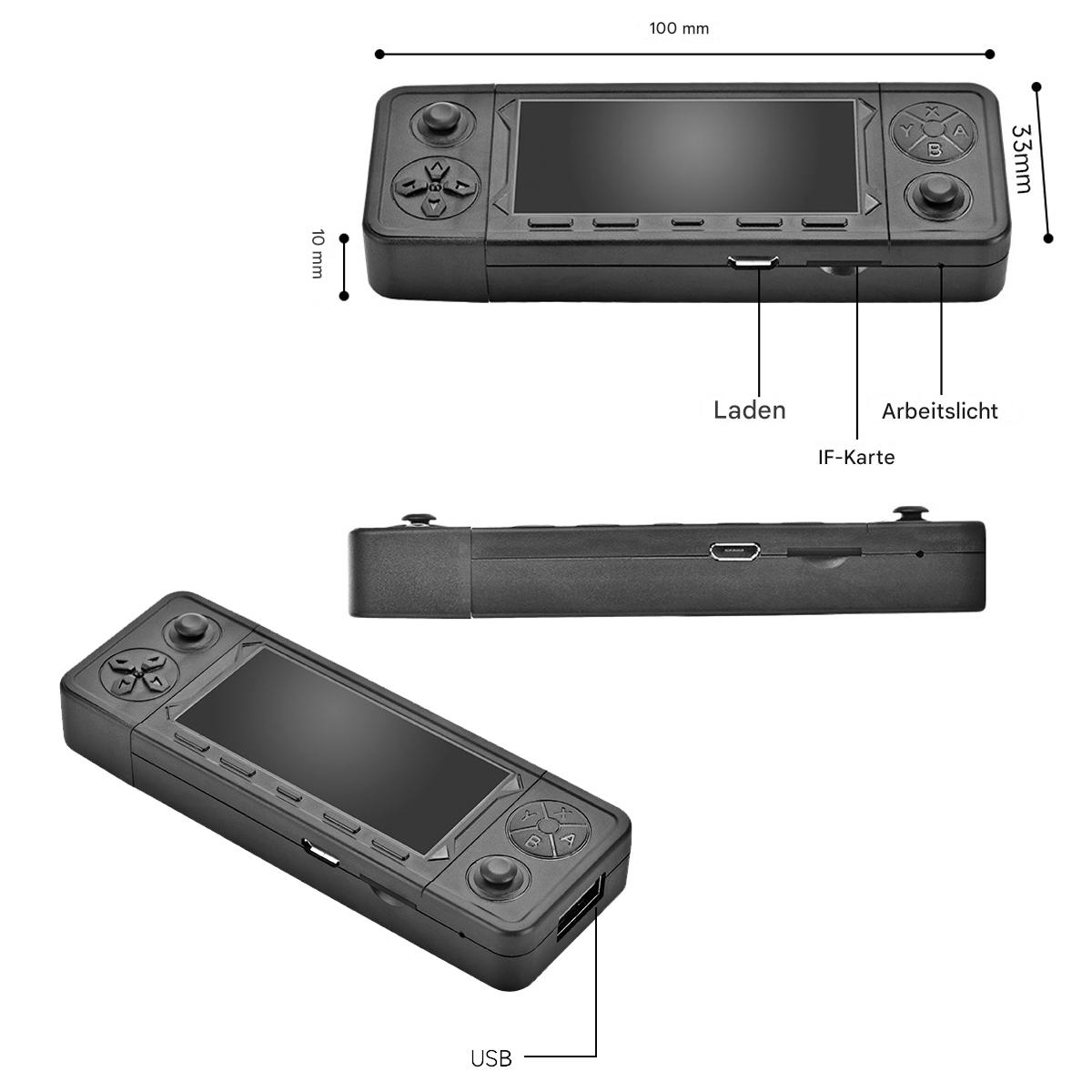 Schwarze Handheld-Konsole mit Abmessungen und Beschriftungen. Sie hat einen Bildschirm und Steuertasten.