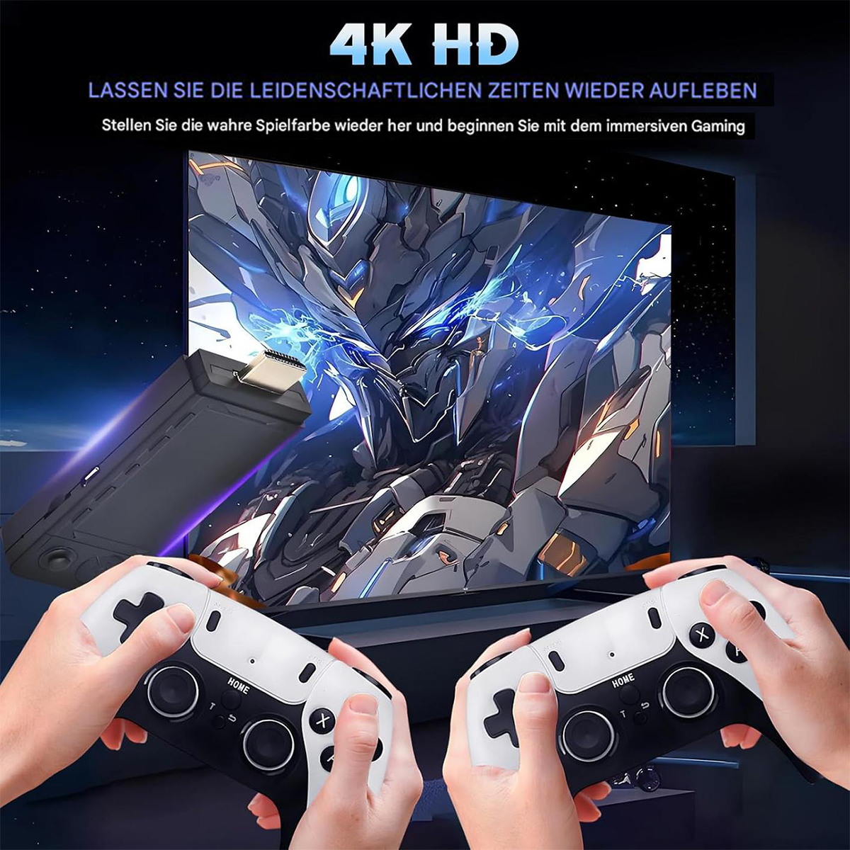 Zwei weiße Gamecontroller in Händen. Ein Bildschirm zeigt ein Spiel mit Charakteren. Ein schwarzes Gerät daneben.