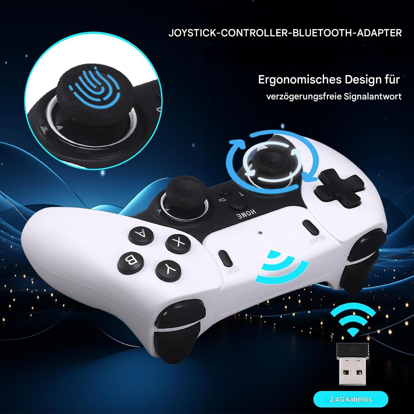 Weißer Gamecontroller mit schwarzem Joystick. Bluetooth-Adapter und Text.