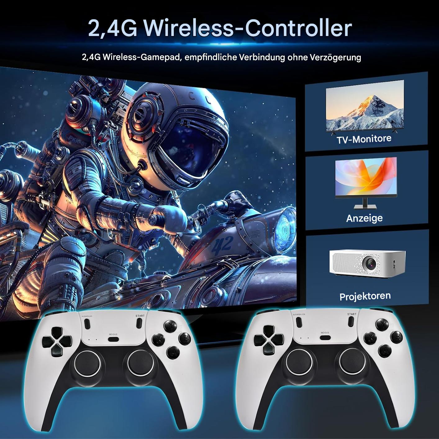 Zwei weiße Gamecontroller mit einem Bildschirm, der eine Weltraumszene zeigt. Projektor und TV.