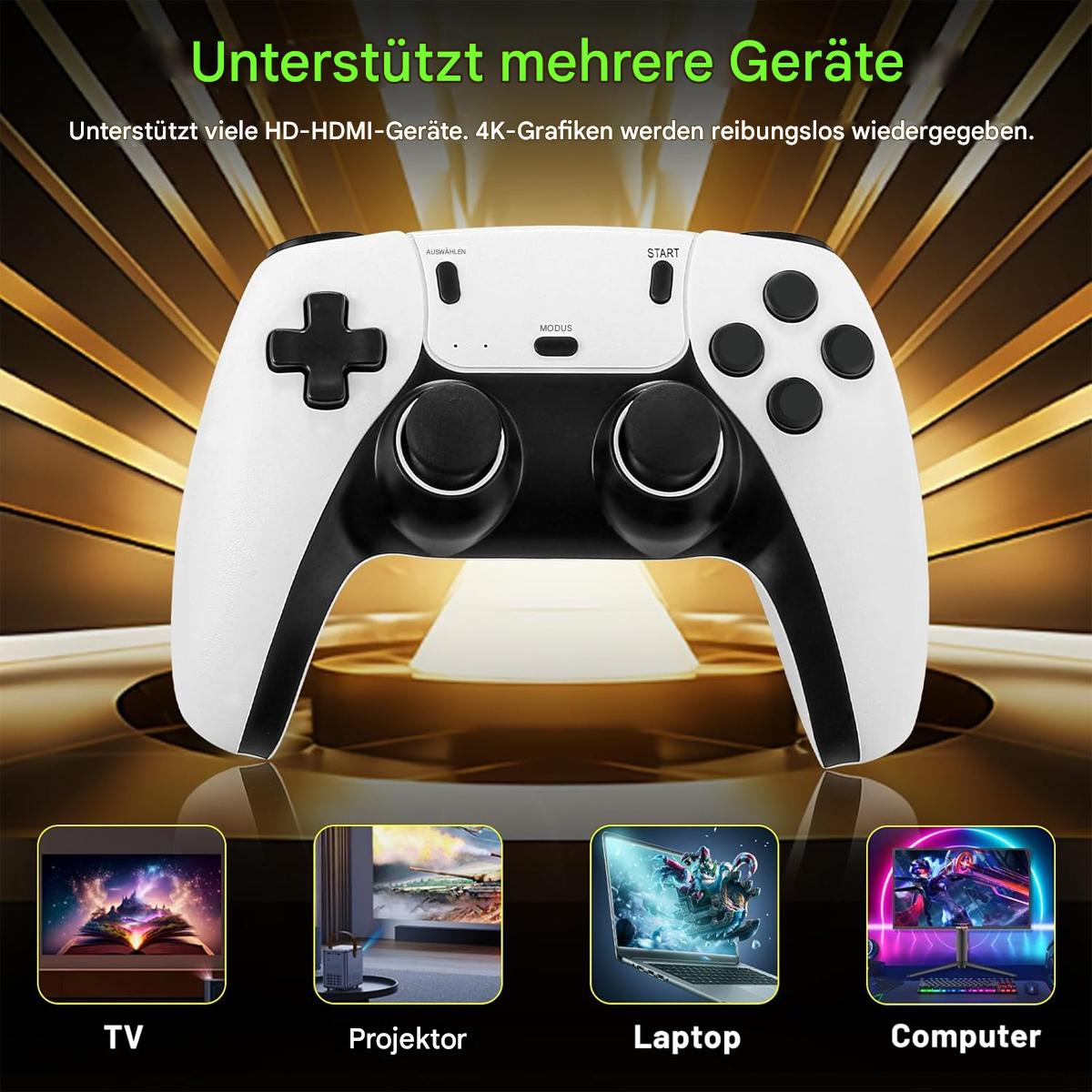 Weißer Gamecontroller mit Knöpfen und Steuerkreuz, präsentiert mit Symbolen verschiedener Bildschirme.