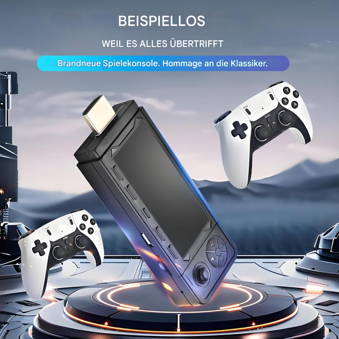 Schwarze und blaue Handheld-Konsole mit zwei weißen Controllern. Auf einem kreisförmigen Ständer platziert.