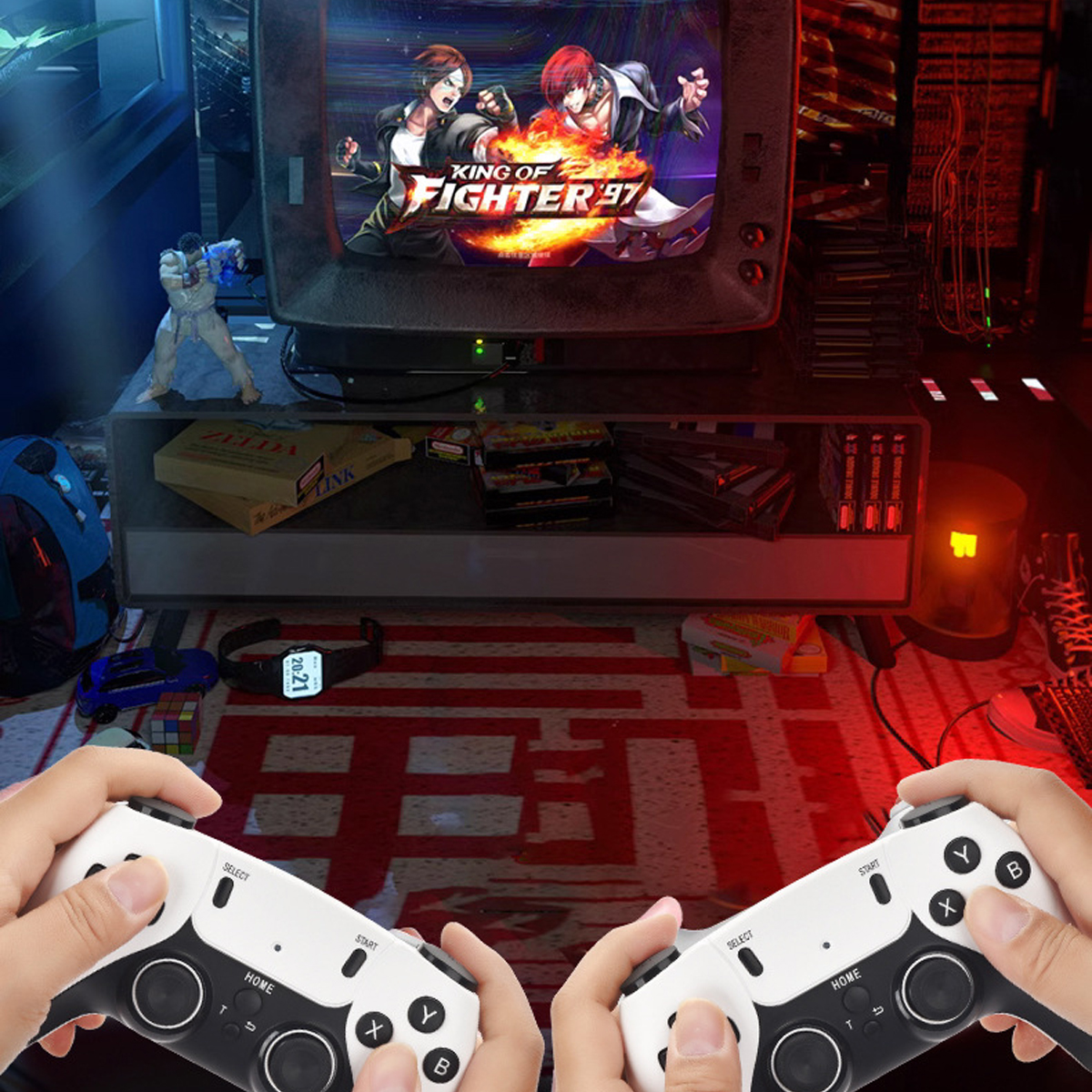 Hände, die Gamecontroller halten. Fernsehbildschirm, der ein Spiel anzeigt.