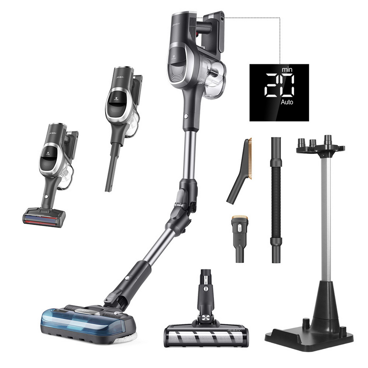 Più aspirapolvere senza fili e accessori, disposti su sfondo bianco, con display digitale.