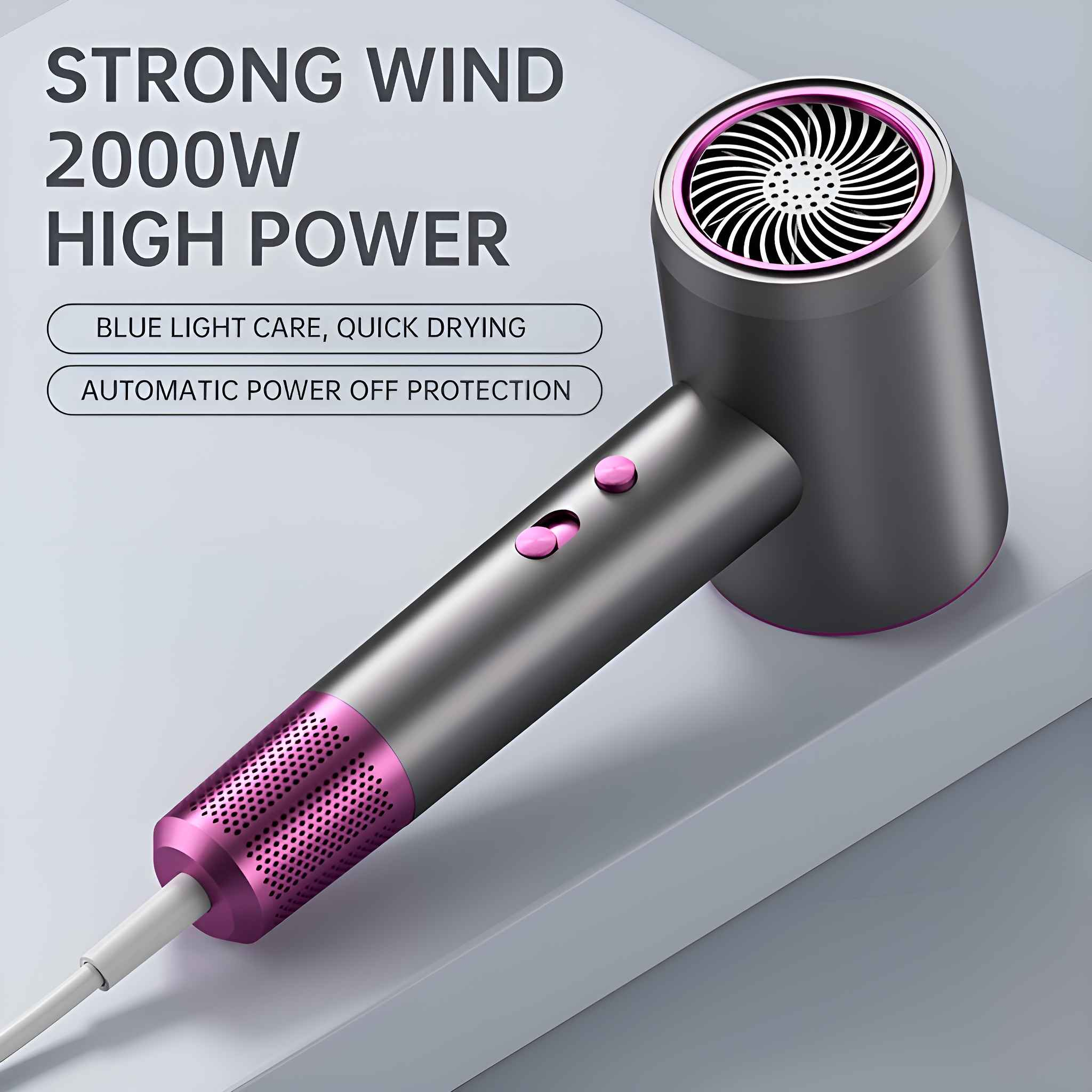 Haartrockner mit grauem Gehäuse und rosa Akzenten. Er hat Knöpfe. Text beschreibt starken Wind und hohe Leistung.