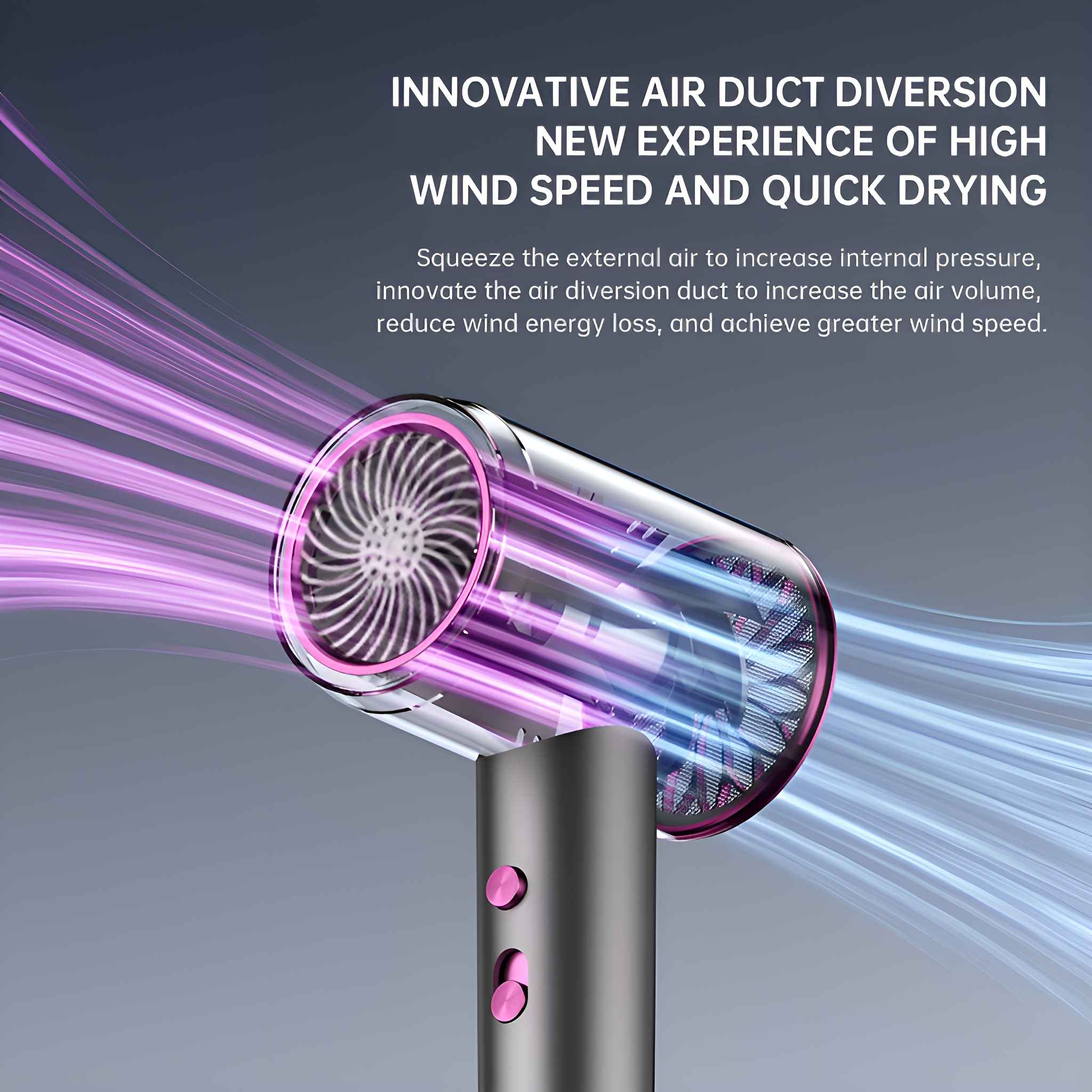 Haartrockner mit blau-violettem Luftstrom, Text beschreibt innovative Luftstromumlenkung.