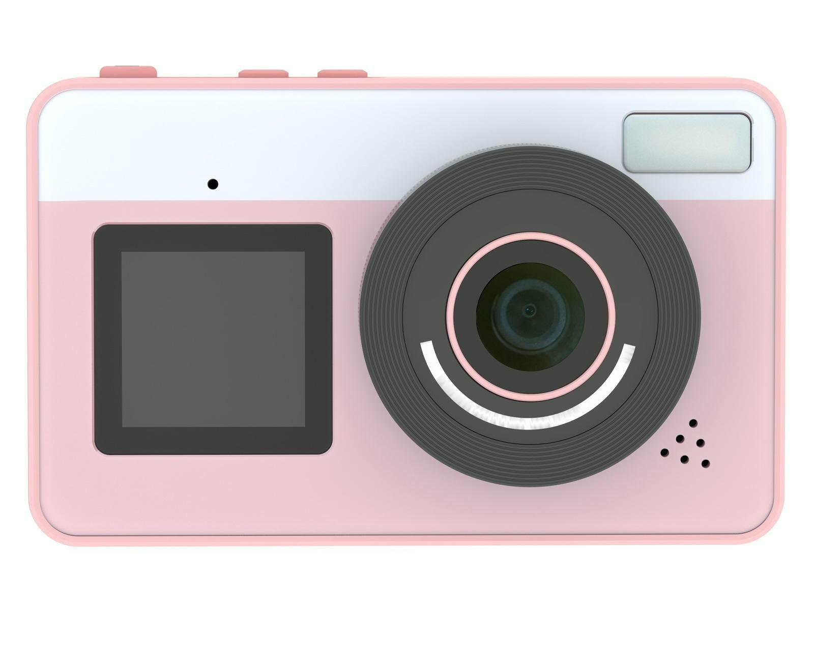 Rosa-weiße Digitalkamera mit Objektiv und Bildschirm. Die Kamera ist vor weißem Hintergrund.