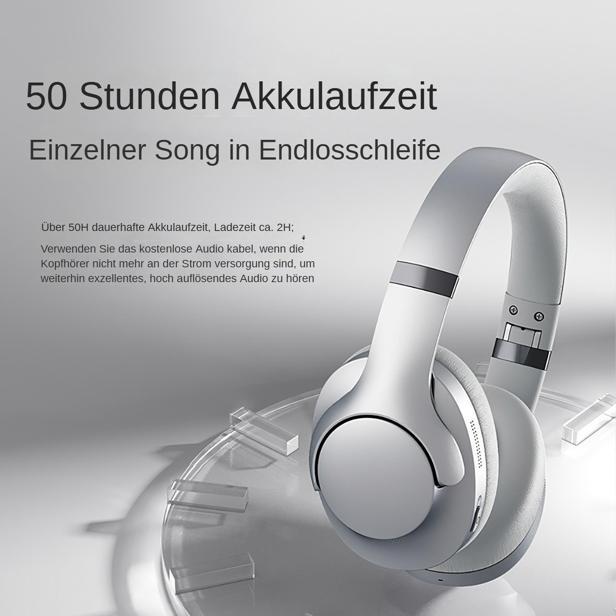 Weiße Kopfhörer auf einem Glasständer. Text steht oben. Der Hintergrund ist weiß.