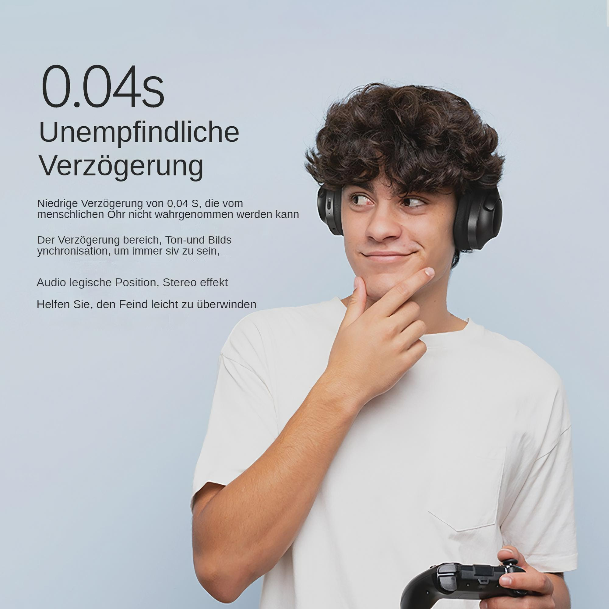 Ein junger Mann mit Kopfhörern und Controller in der Hand lächelt. Text auf Deutsch beschreibt geringe Verzögerung und Audio.