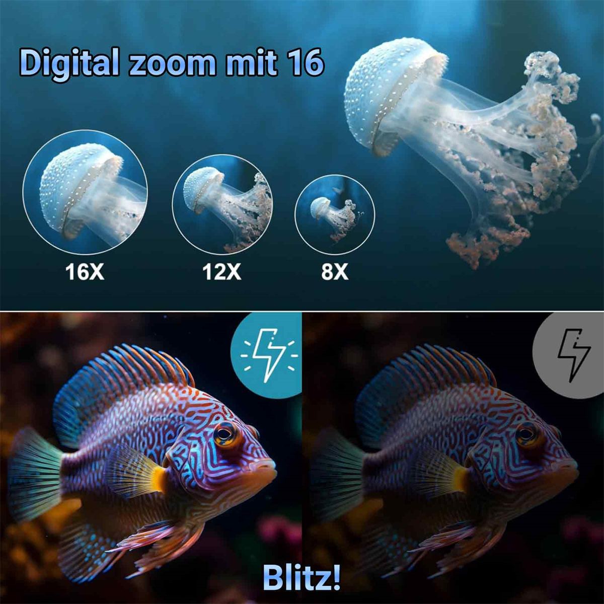 Digitalzoom- und Blitztet mit Qualle und Fisch auf dunklem Hintergrund.