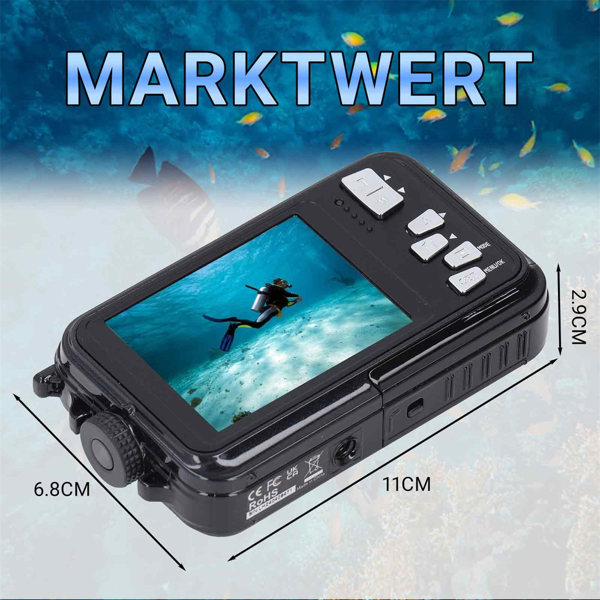 Abmessungen der Unterwasserkamera. Der Bildschirm zeigt einen Taucher unter Wasser.