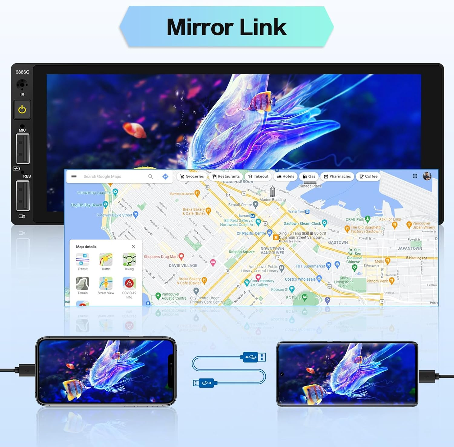 Auto-Display mit Navigation und verbundenem Telefon für Mirror Link. Eine Karte wird auf dem Bildschirm angezeigt.