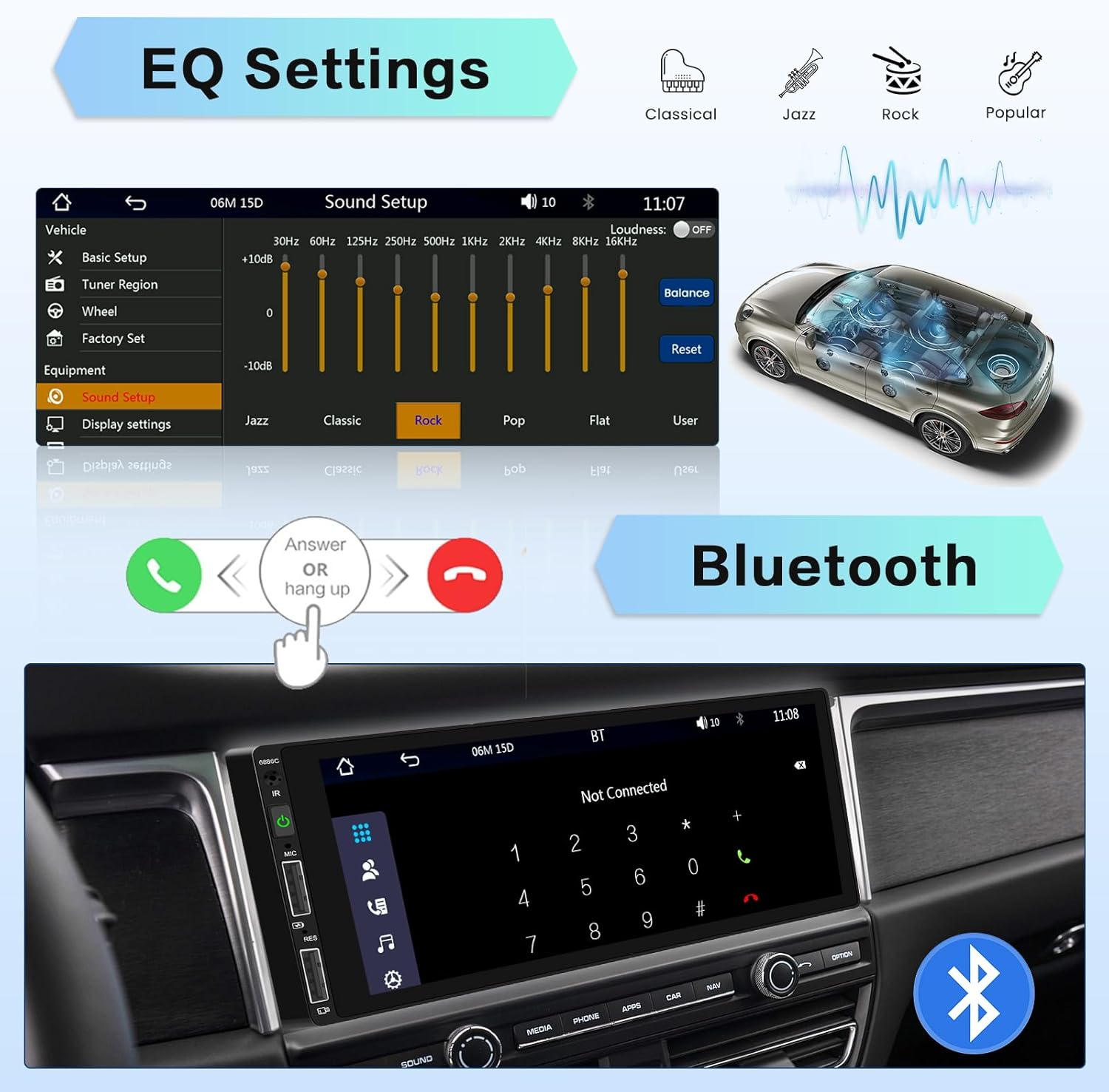 Benutzeroberfläche des Auto-Multimedia-Systems, die EQ-Einstellungen, Bluetooth und eine simulierte Grafik zeigt.