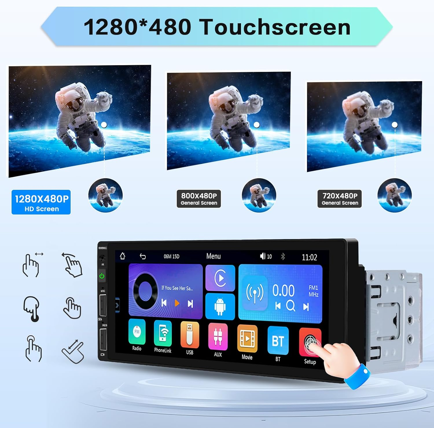 In-Car-Touchscreen-Display mit Menüoptionen, das verschiedene Bildschirmauflösungen und ein Astronautenbild zeigt.