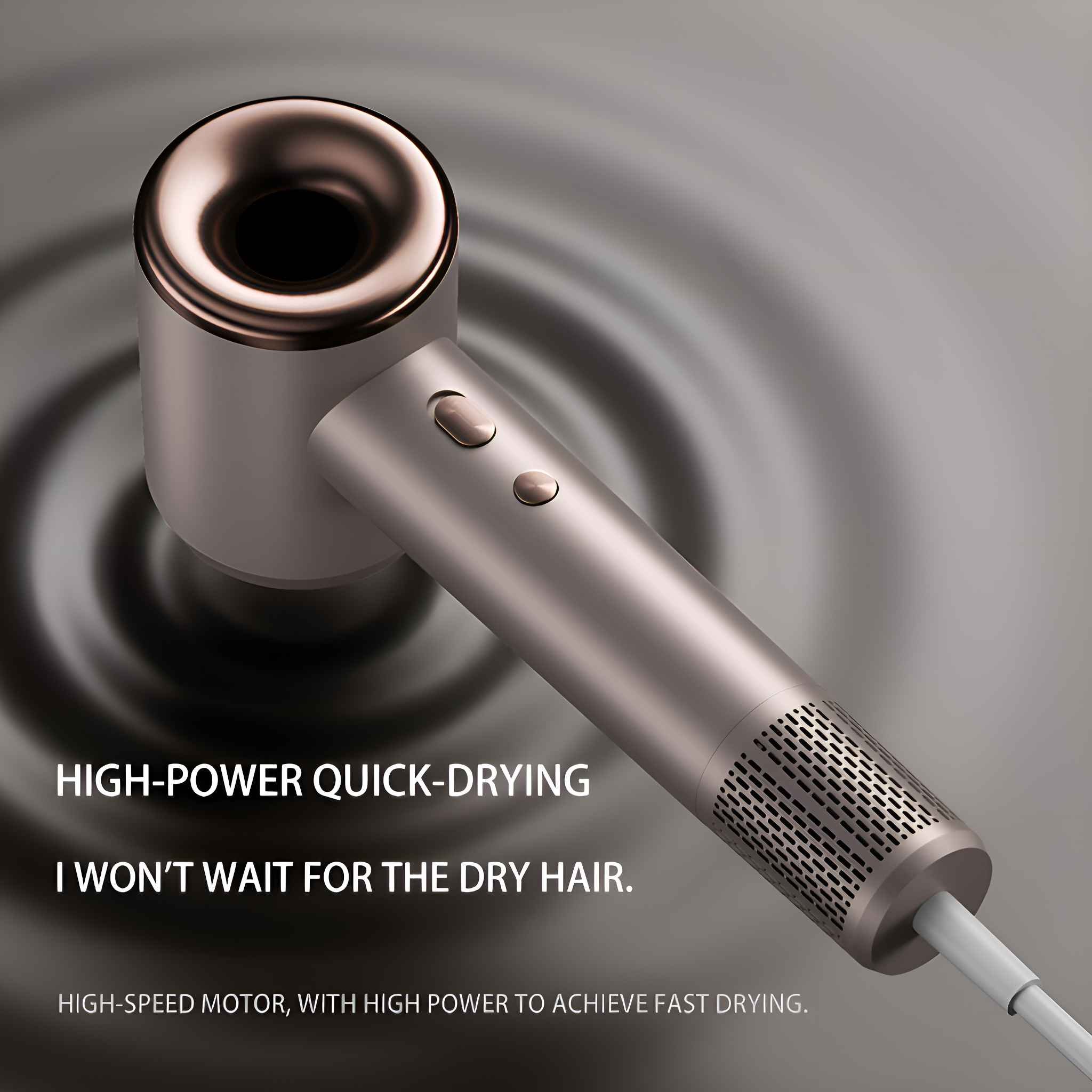 Nahaufnahme eines goldenen Haartrockners mit Text: "HIGH-POWER QUICK-DRYING" und weiterer Text.