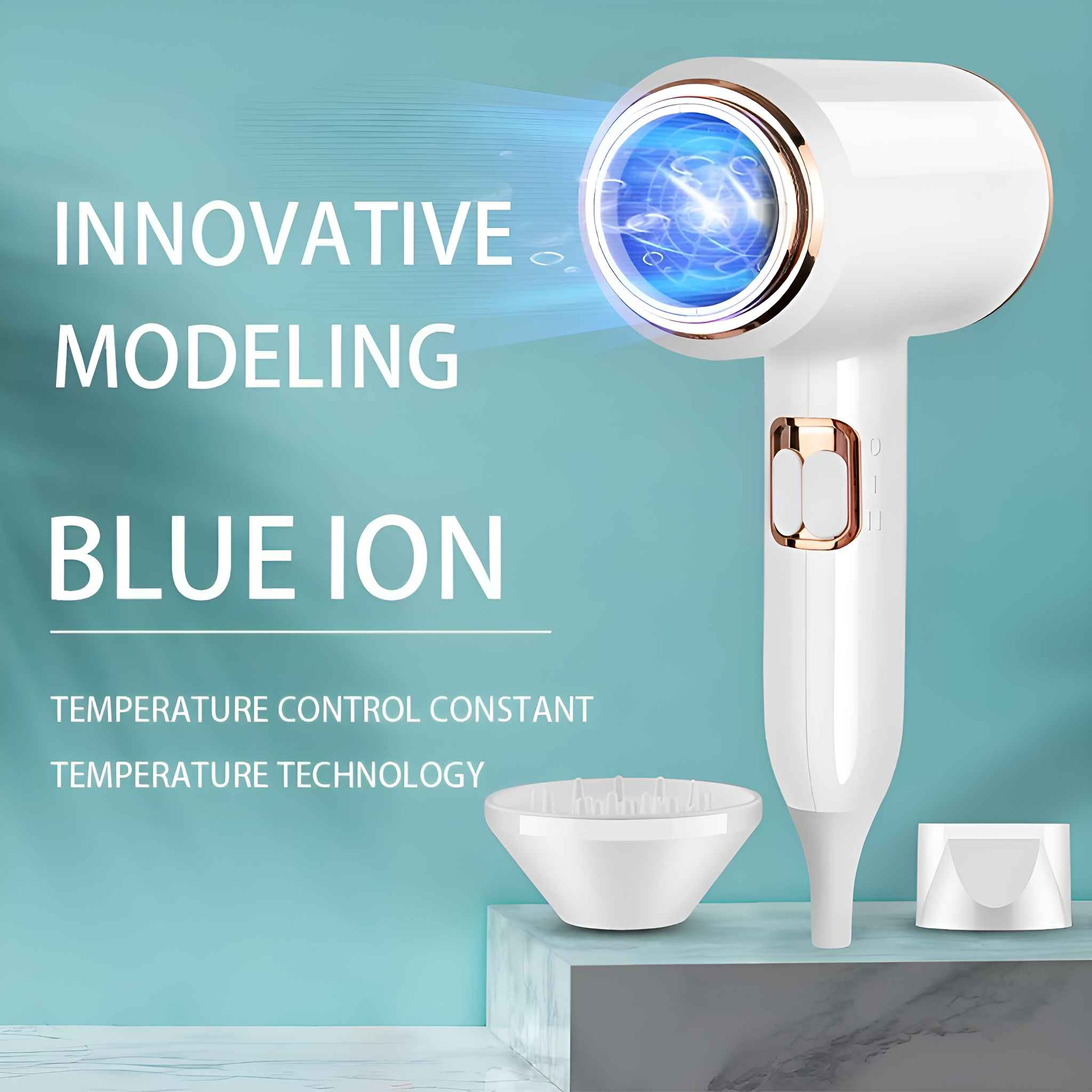 Weißer Haartrockner mit blauem Licht, das aus der Düse kommt. Text: Innovatives Modeling, blaue Ionen.