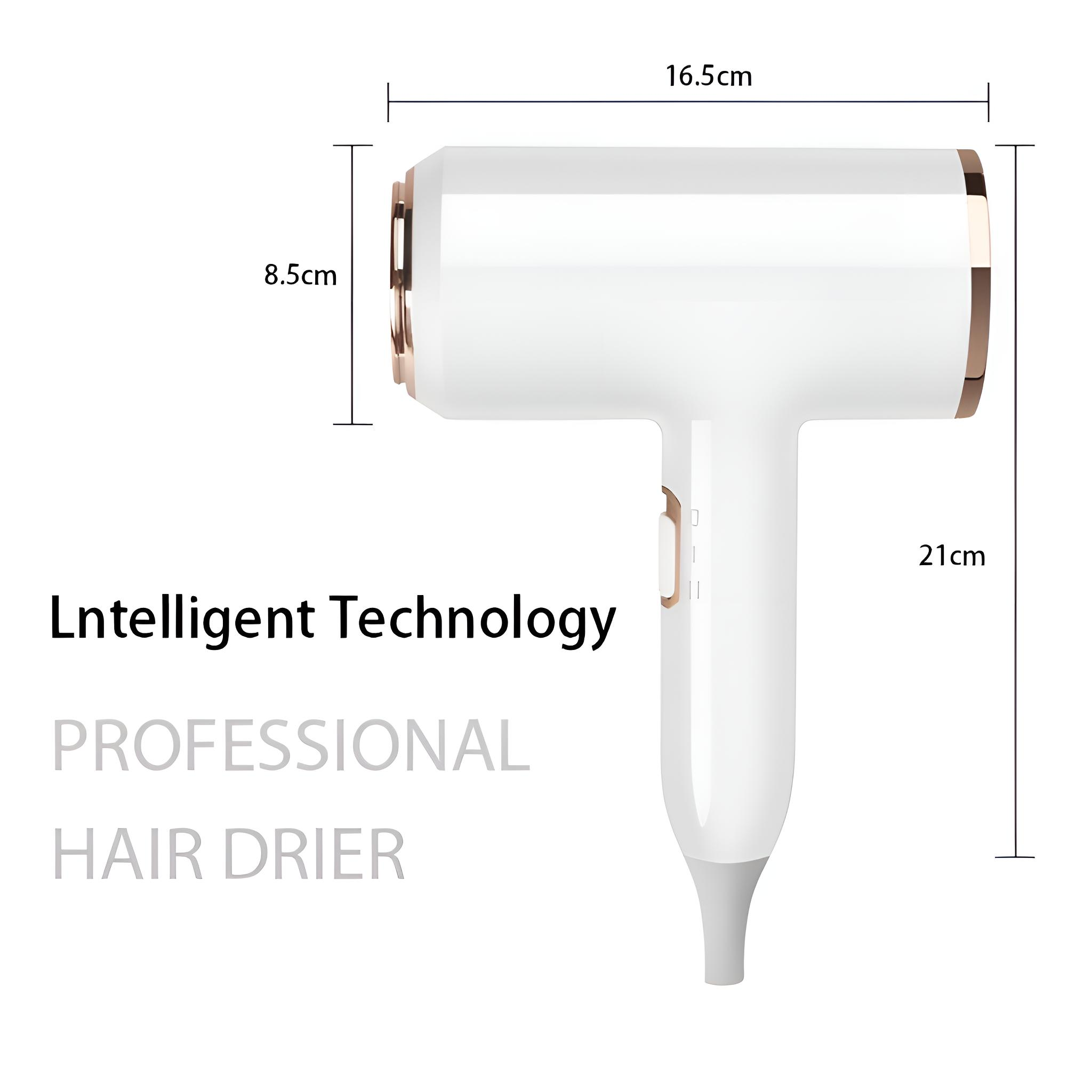 Weißer Haartrockner mit Maßangaben. Der Text lautet: 'Intelligent Technology', 'Professional Hair Dryer'.