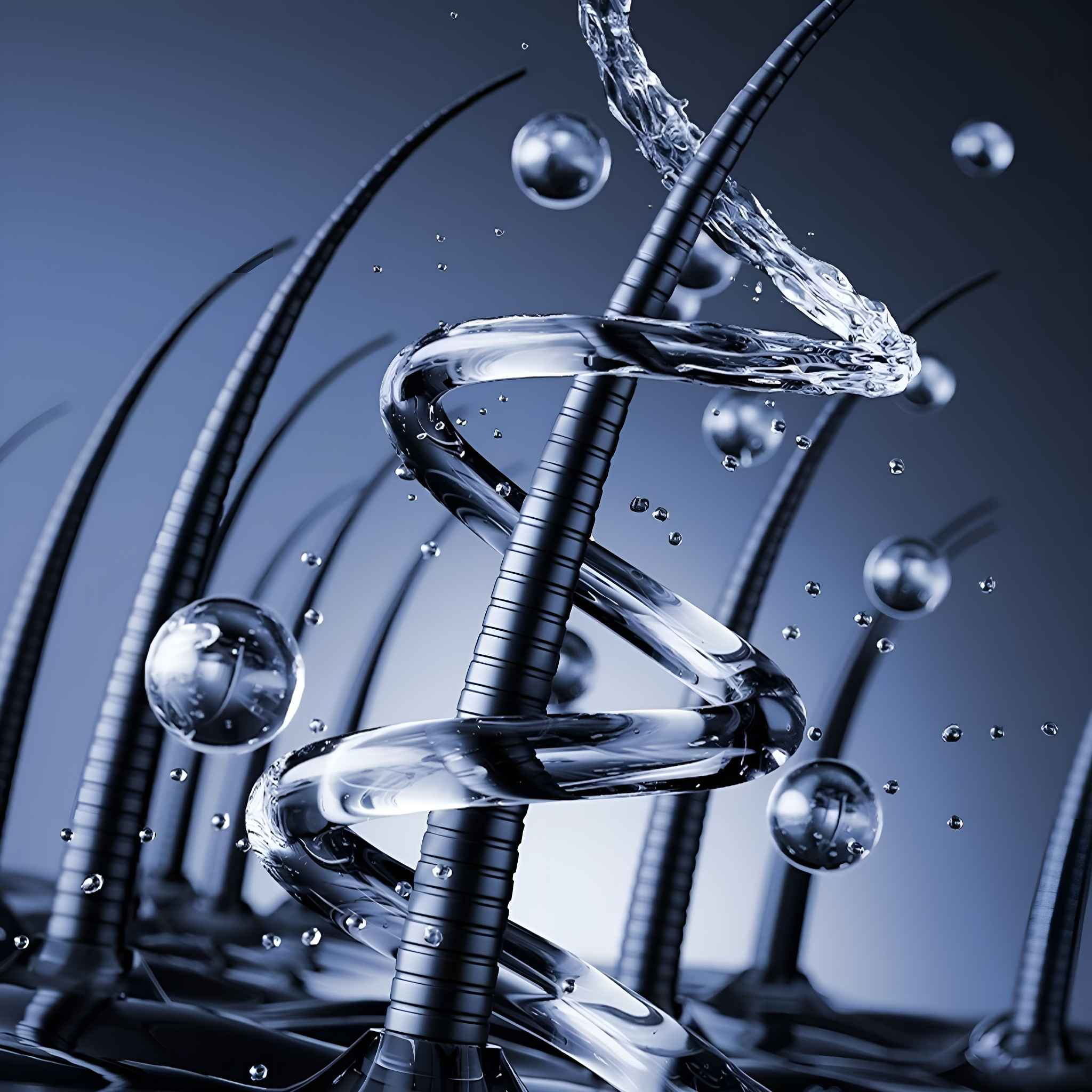 Nahaufnahme von Haarsträhnen mit Wassertropfen und einer Wasserspirale, die durch das Haar fließt.