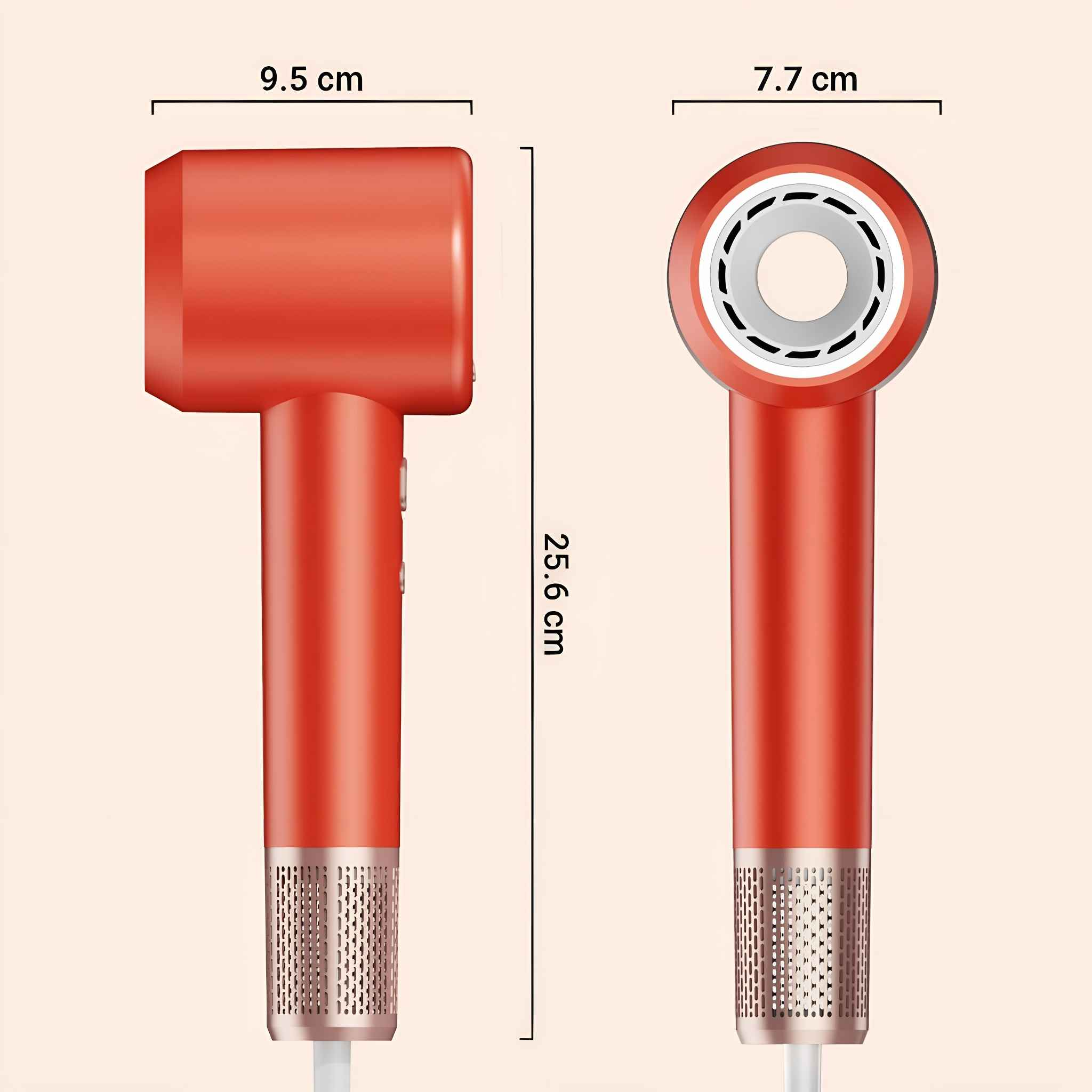 Korallenfarbener Haartrockner mit Maßen: 9,5 cm x 25,6 cm, Kopf 7,7 cm breit.