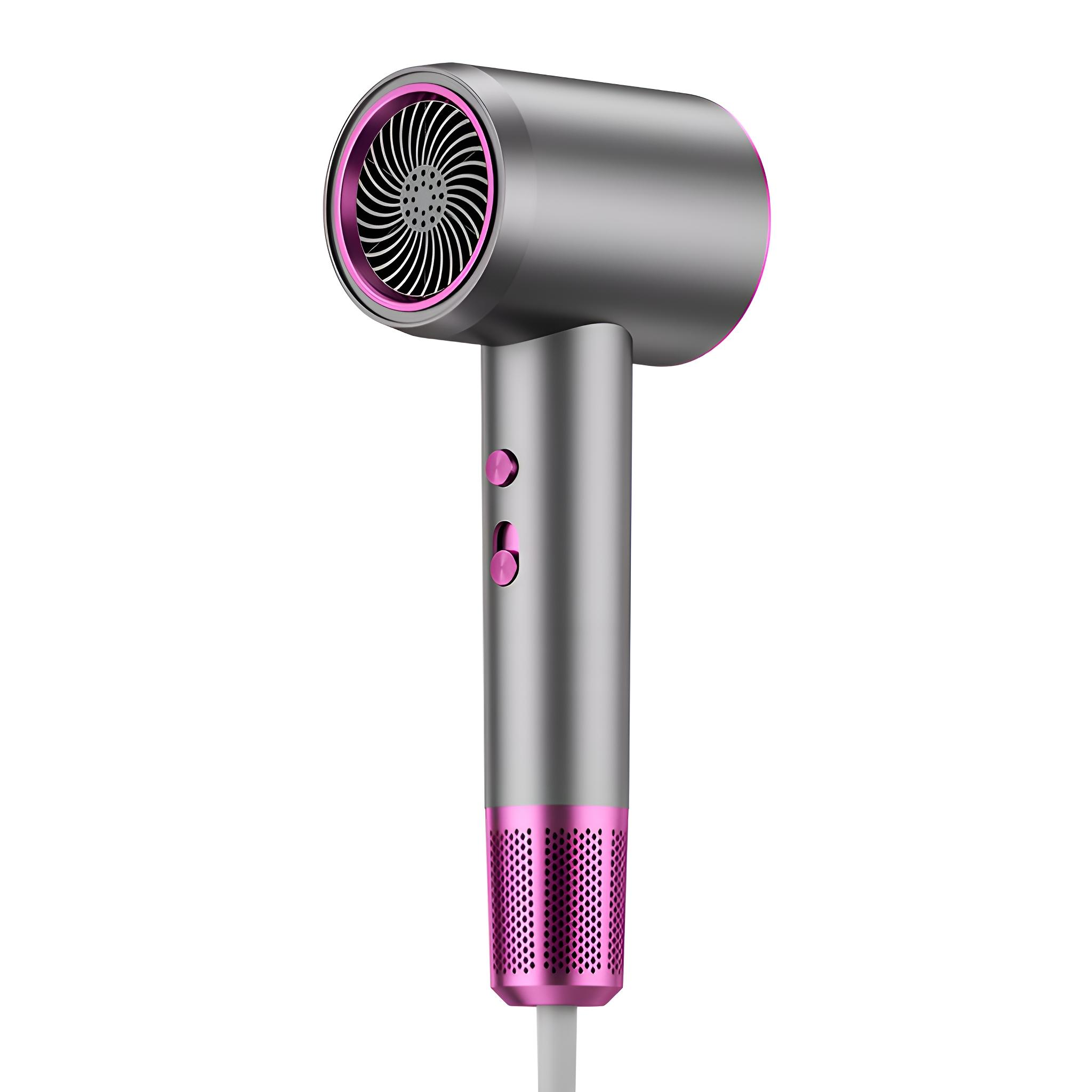 Ein silberner und pinkfarbener Haartrockner, leicht angewinkelt. Er hat einen kreisförmigen Ventilator und pinkfarbene Knöpfe.