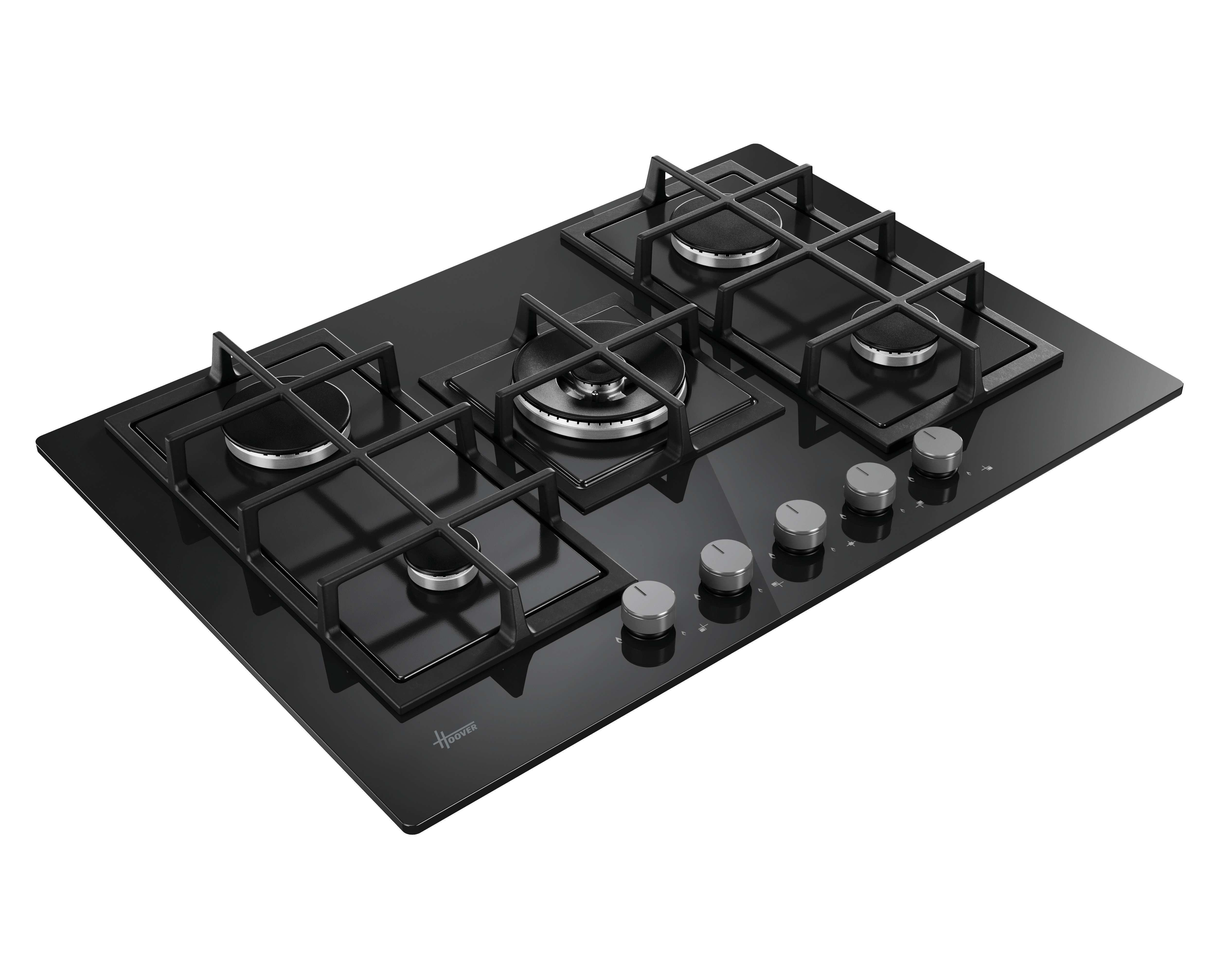 Un piano cottura a gas nero con cinque bruciatori e manopole argentate, marchio Hoover visibile.
