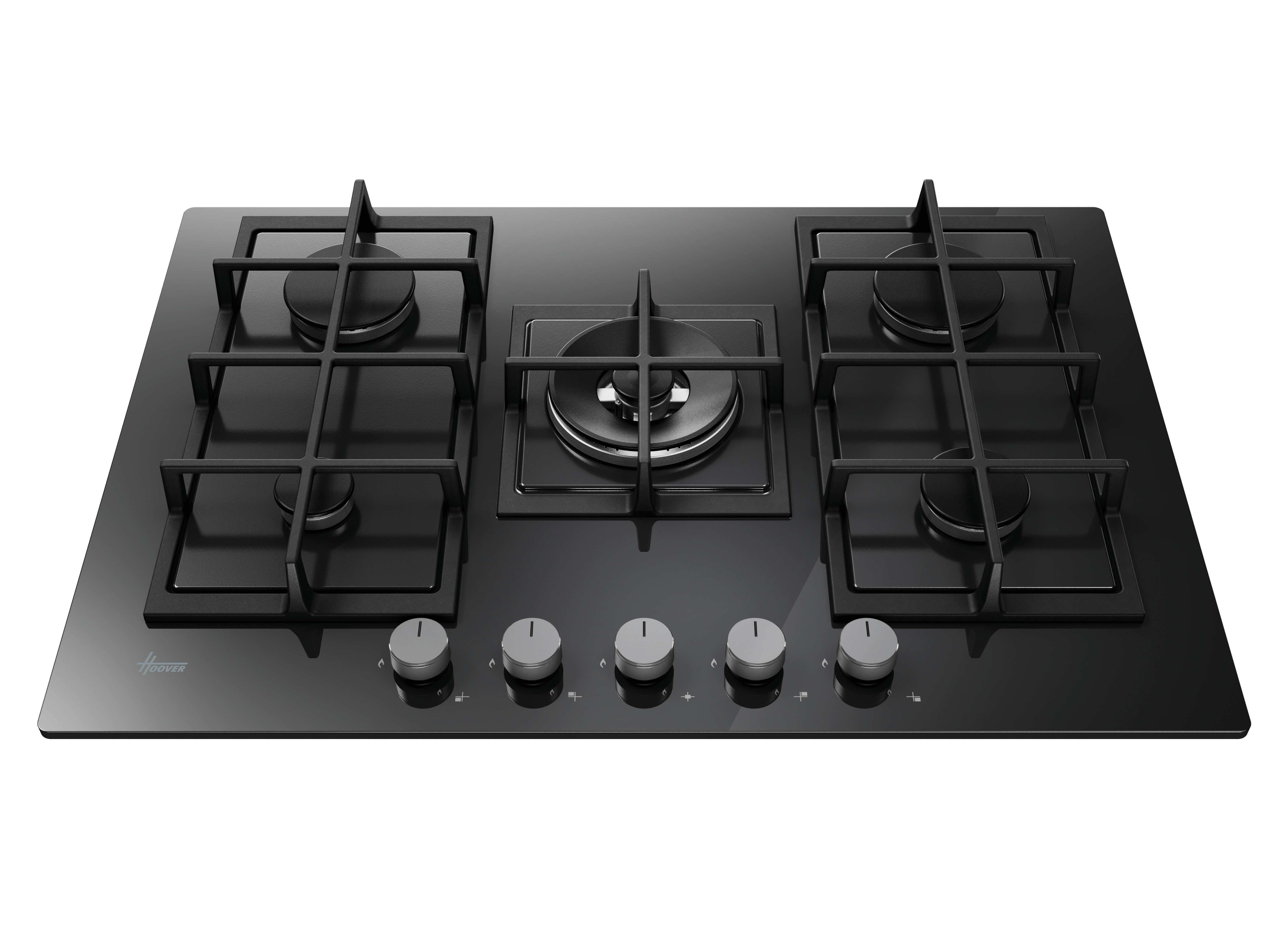 Un piano cottura a gas nero con cinque bruciatori e manopole di controllo. Il piano cottura è del marchio Hoover.