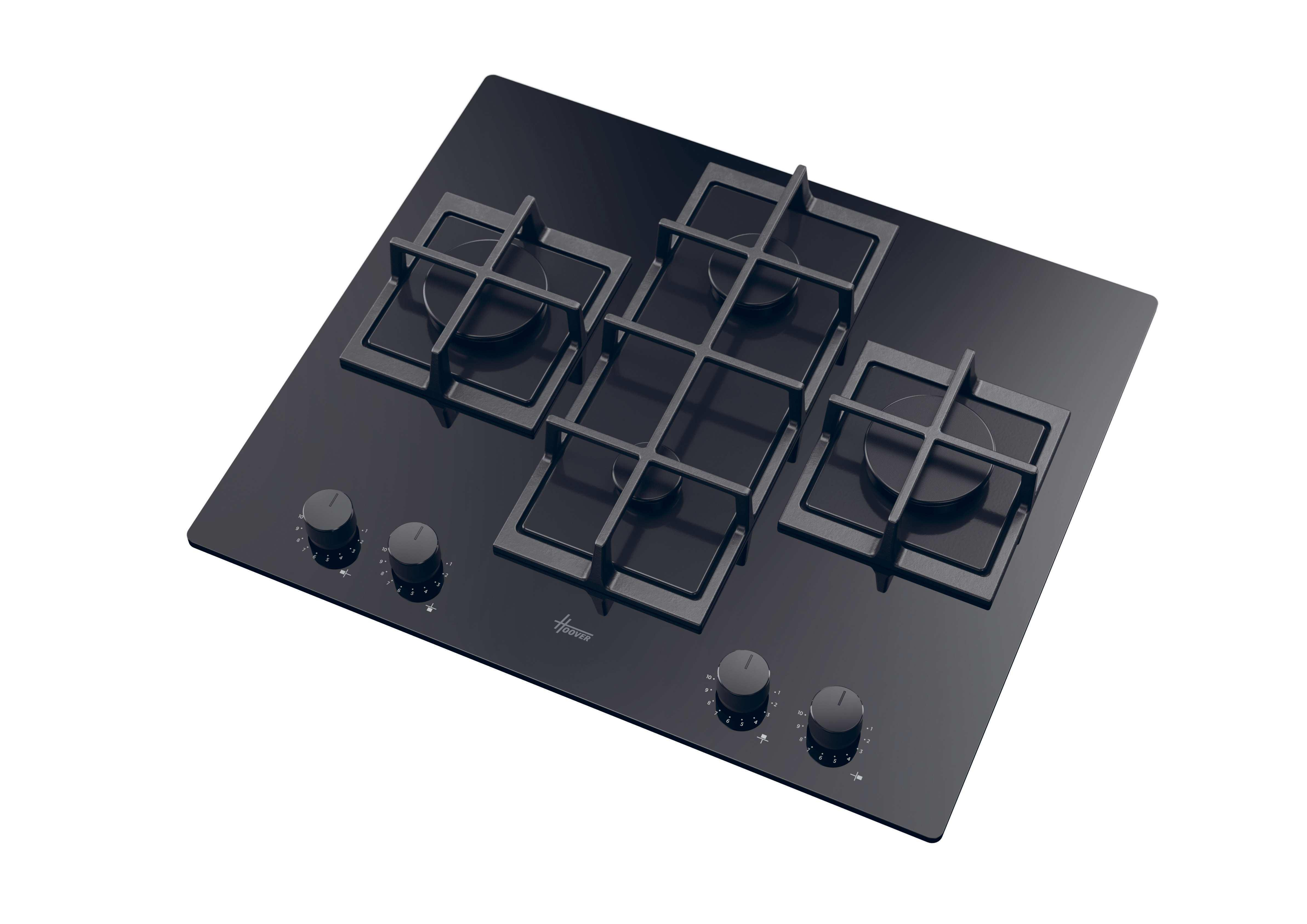 Piano cottura a gas nero con quattro fuochi e manopole. Il piano cottura ha un design moderno.