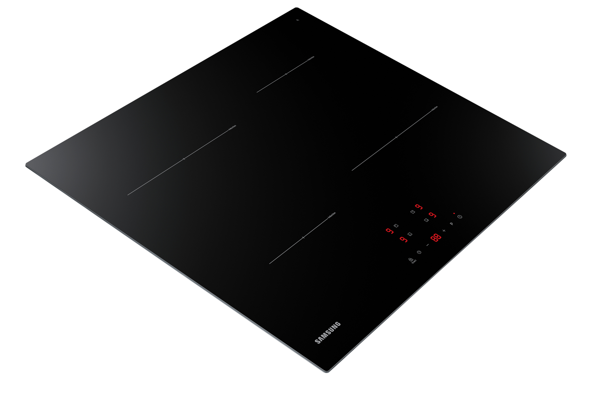 Un piano cottura a induzione Samsung nero con 4 zone. Ha un display digitale in basso a destra.