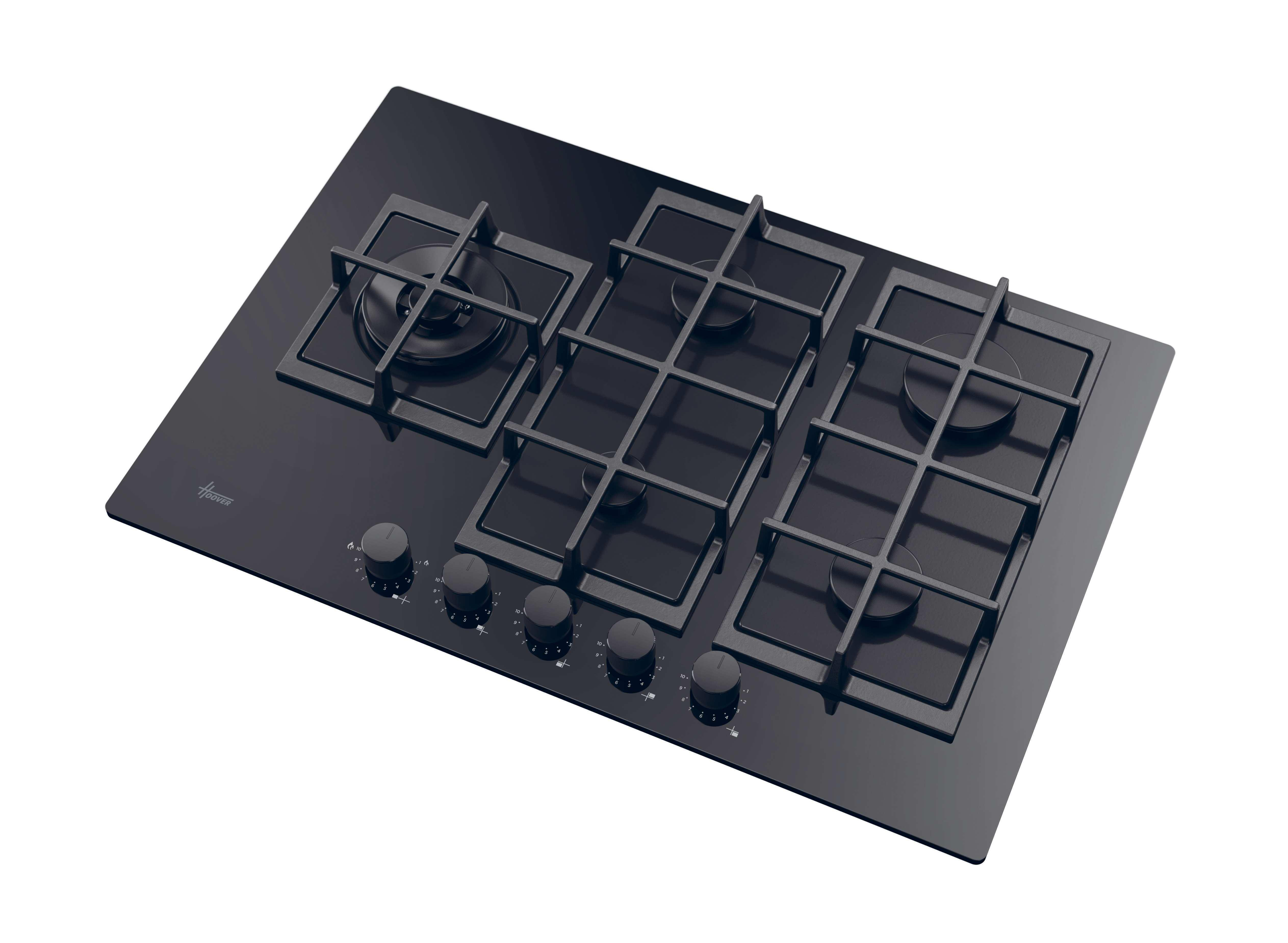 Piano cottura a gas nero con cinque bruciatori, griglie nere e logo 'Haier'.