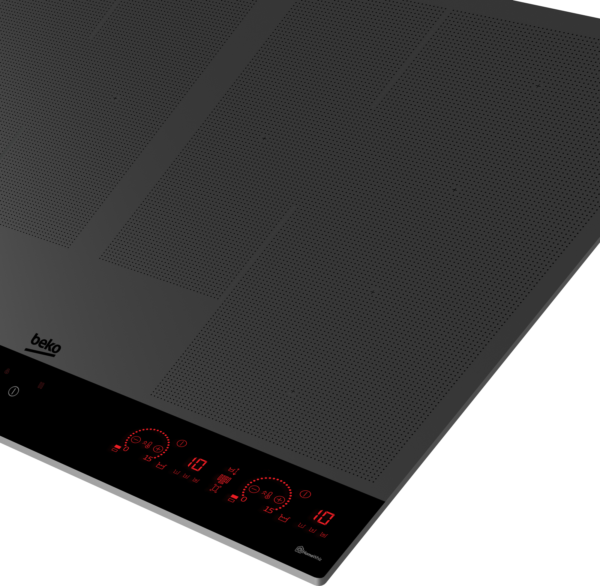 Primo piano di un piano cottura a induzione nero con display digitali rossi e il logo Beko.