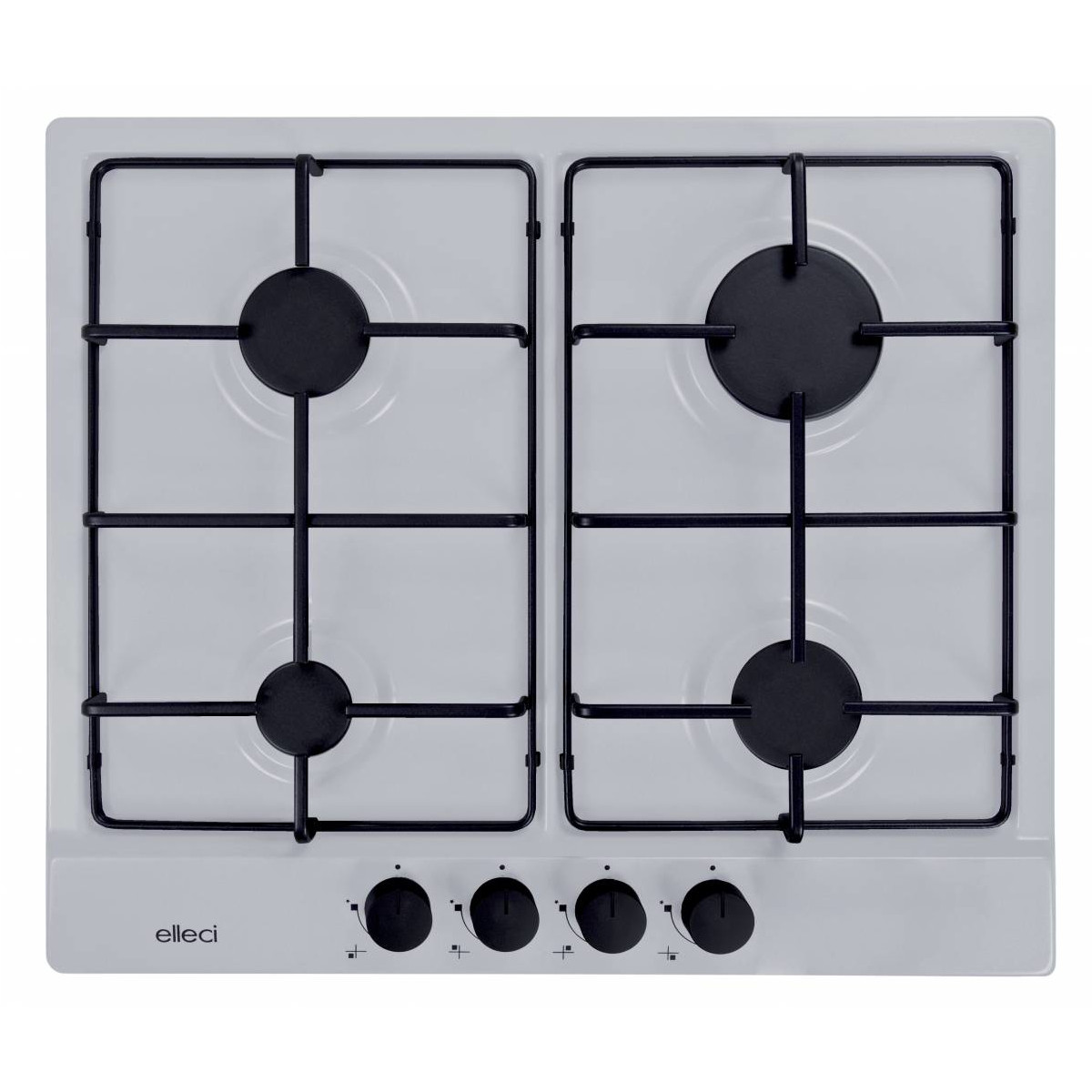 Biała płyta grzewcza z czterema palnikami gazowymi i pokrętłami, widok z góry.