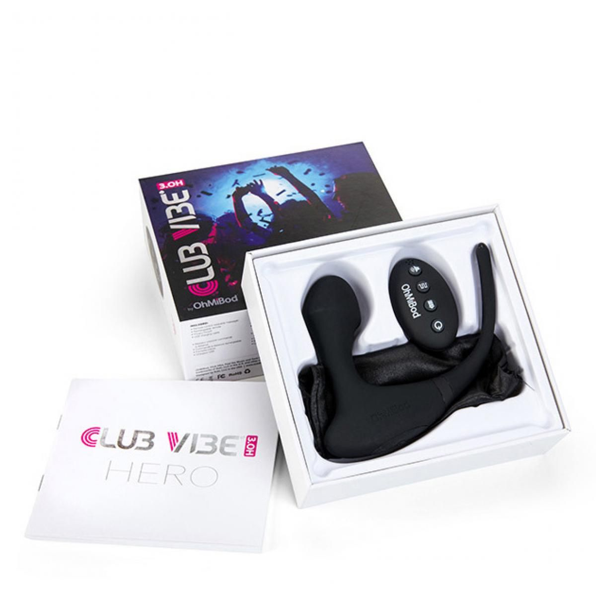 OhMiBod Club Vibe Box-Set mit schwarzem Spielzeug, Fernbedienung und Anweisungen.