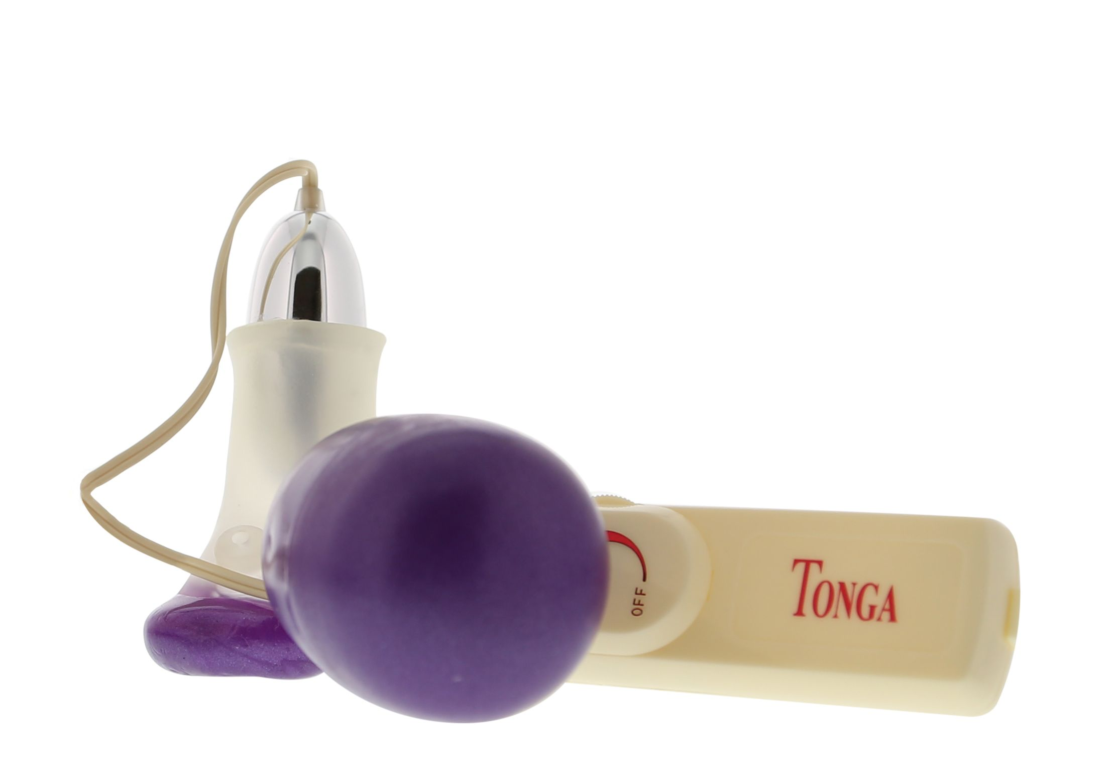 Ein Sexspielzeug mit einem lila vibrierenden Ball und einem weißen Sockel mit einem cremefarbenen Griff mit der Aufschrift 'TONGA'.