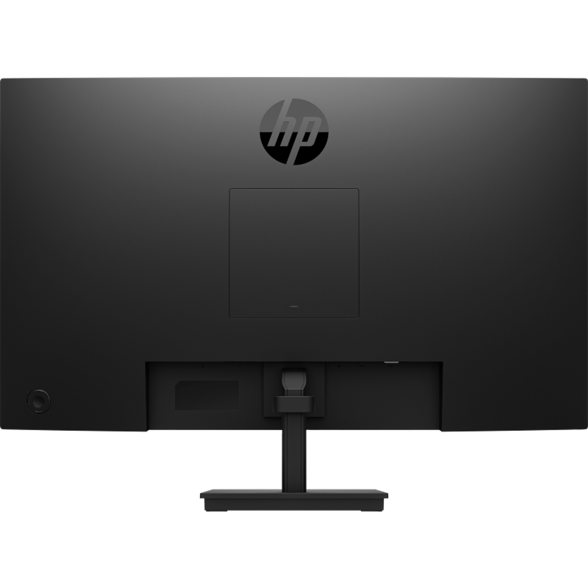 Widok z tyłu czarnego monitora HP z logo HP. Stojak jest widoczny na dole.