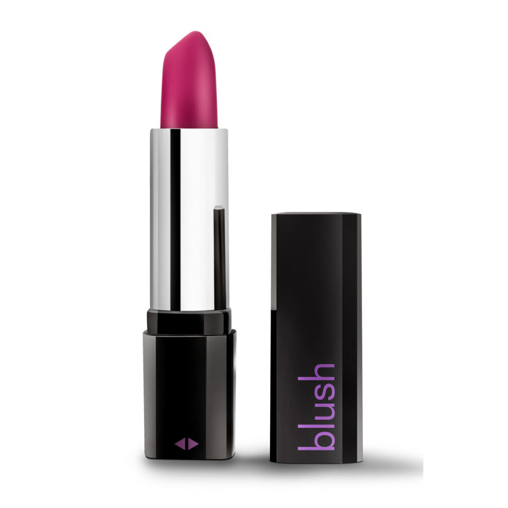 Ein offener Lippenstift in Dunkelrosa neben der schwarzen Kappe mit dem Wort 'blush'.