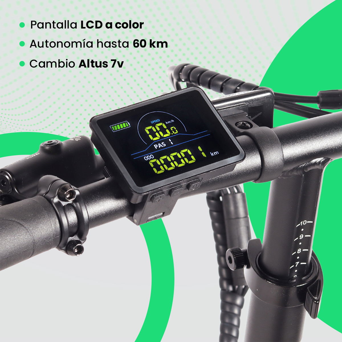 Primer plano del manillar de una bicicleta eléctrica. Pantalla con velocidad y distancia. Negro.