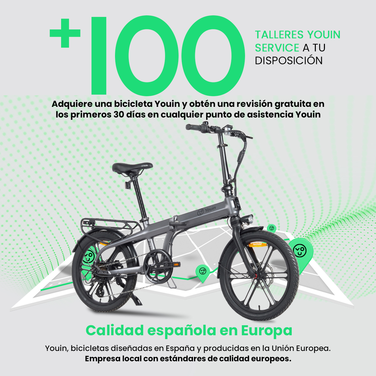 Bicicleta eléctrica con iconos de servicio y texto. Fondo blanco. Círculos verdes con iconos.