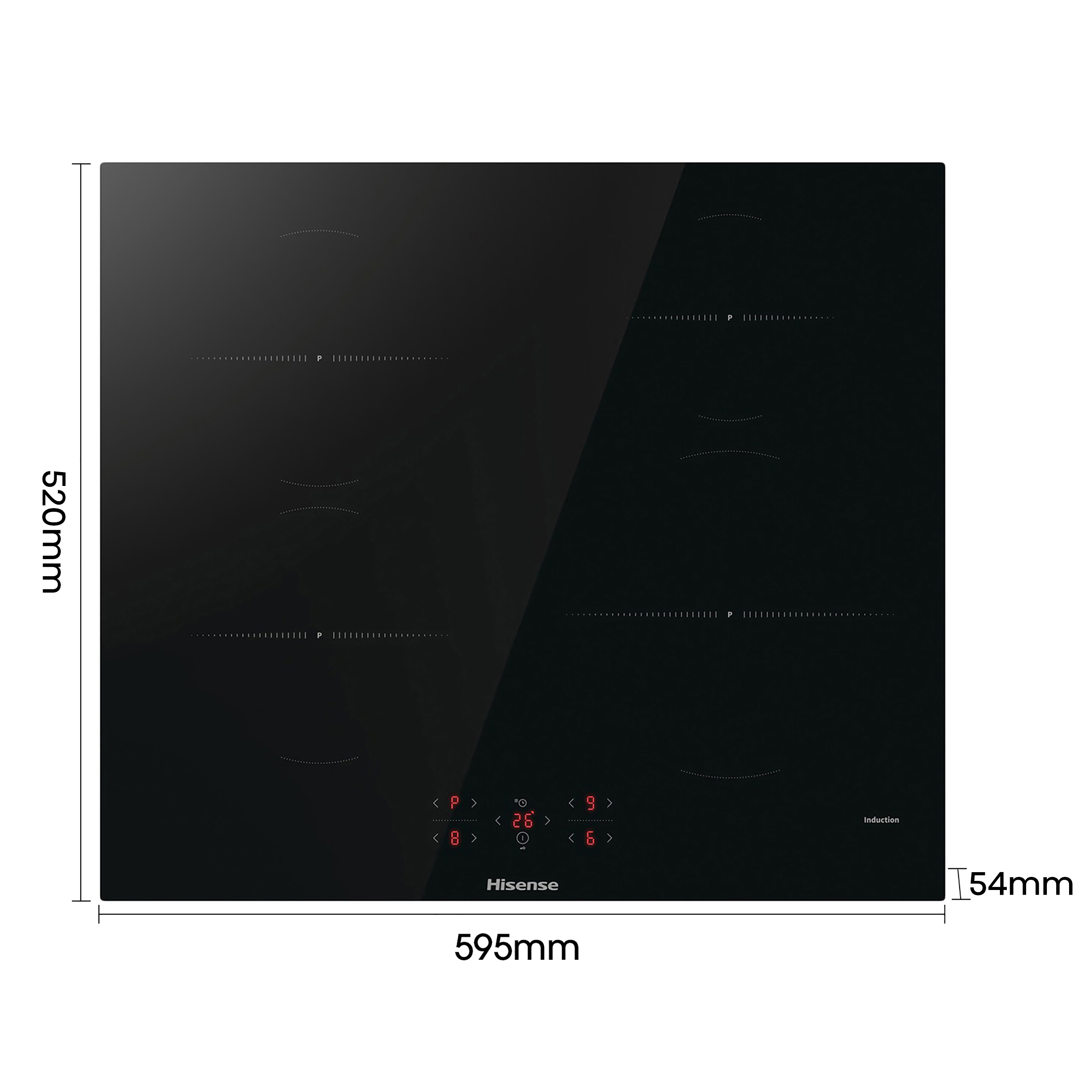 Placa de inducción negra con pantalla digital y controles táctiles. Las dimensiones se proporcionan en la imagen.