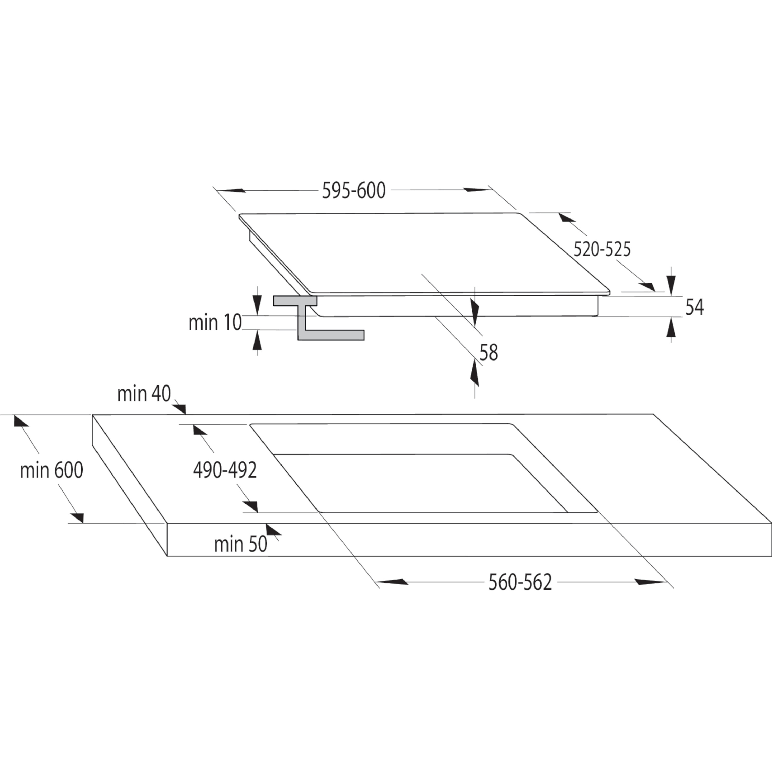 Dibujo técnico de una placa de cocina con dimensiones en mm. Vista superior de la placa, con una vista de corte.