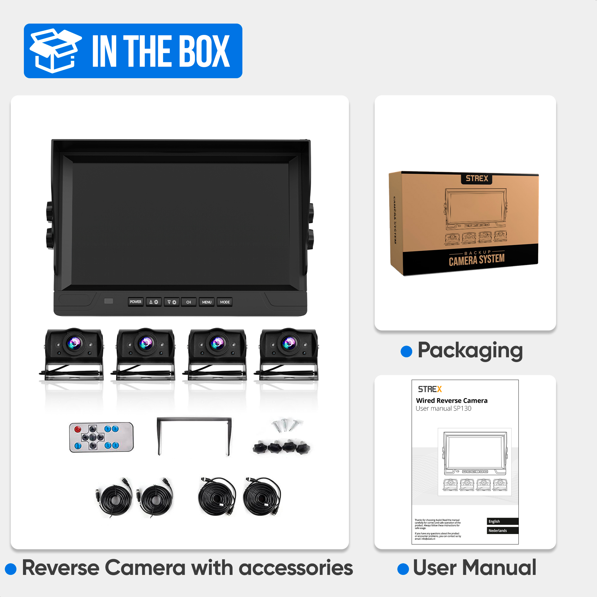 Contenu de la boîte : un système de caméra de recul avec moniteur, caméras, télécommande et accessoires, plus un manuel.
