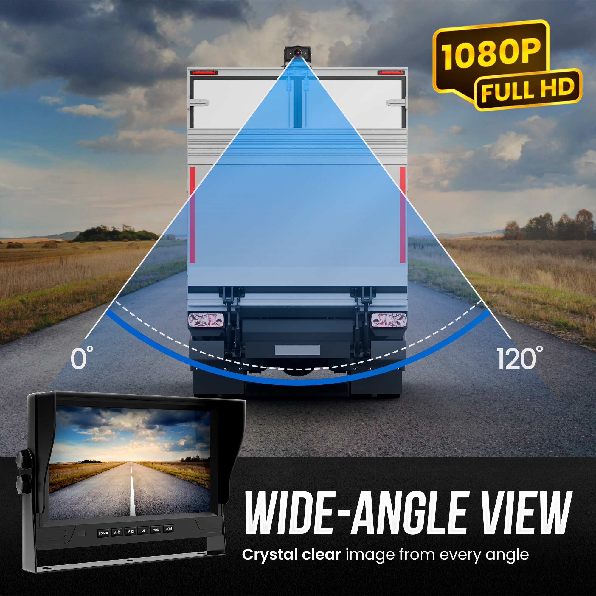 Vue arrière d'un camion avec un diagramme grand angle et un moniteur affichant la route.