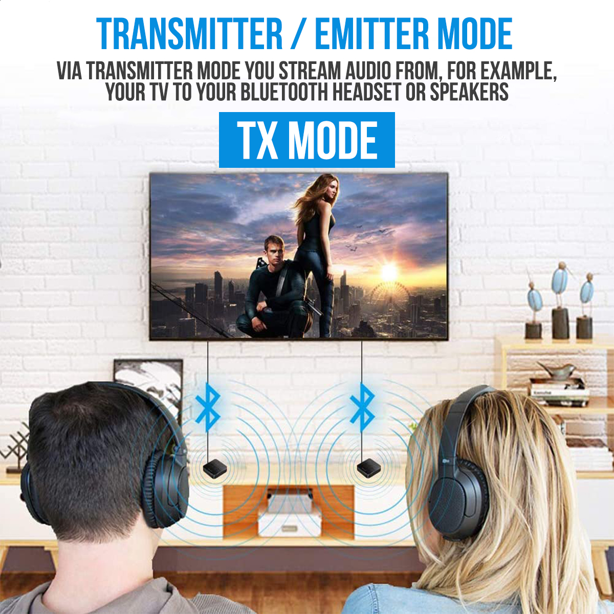 Two people wearing headphones watching a TV, connected to a black audio adapter. Text indicates TX mode.