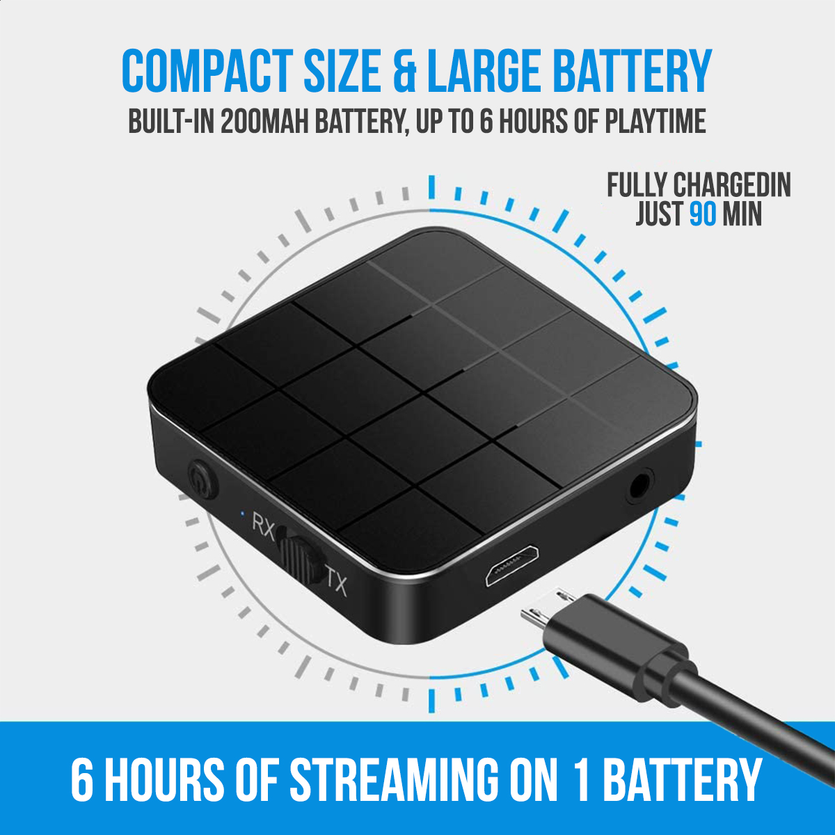 Black audio adapter with a charging cable. Text indicates a compact size and large battery.